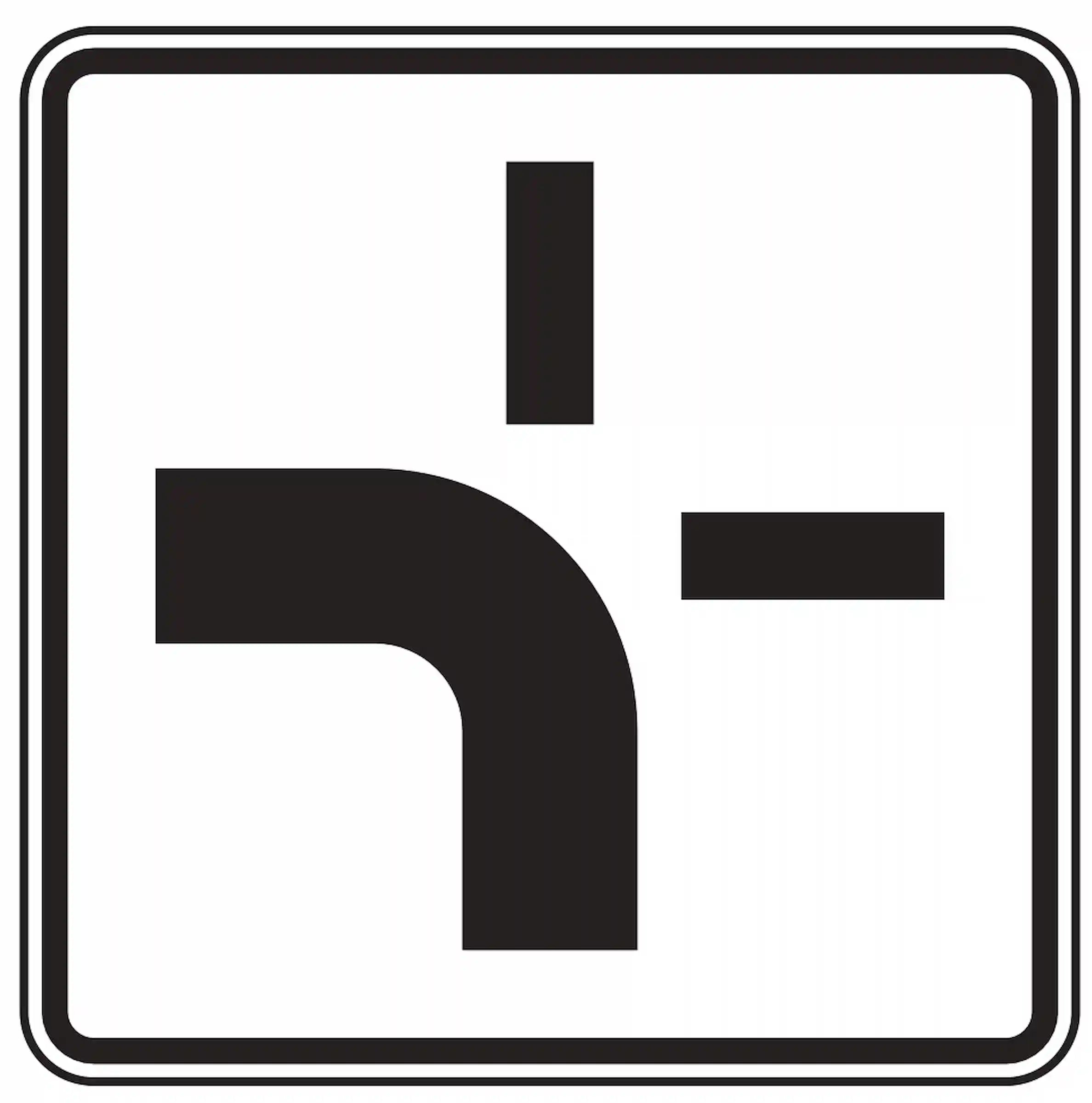 Verkehrszeichen 1002-10: Zusatzzeichen „Verlauf der Vorfahrtsstraße“. Zeigt als Ergänzung zu VZ 306 an, wie die Vorfahrtsstraße im Kreuzungsbereich verläuft.