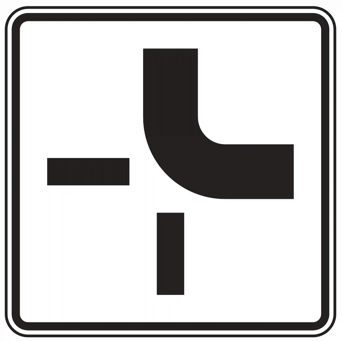 Verkehrszeichen 1002-21: Zusatzzeichen „Verlauf der Vorfahrtsstraße“. Zeigt an, dass die Vorfahrtsstraße im Kreuzungsbereich rechts abknickt – als Ergänzung zum Vorfahrtsschild (VZ 306).