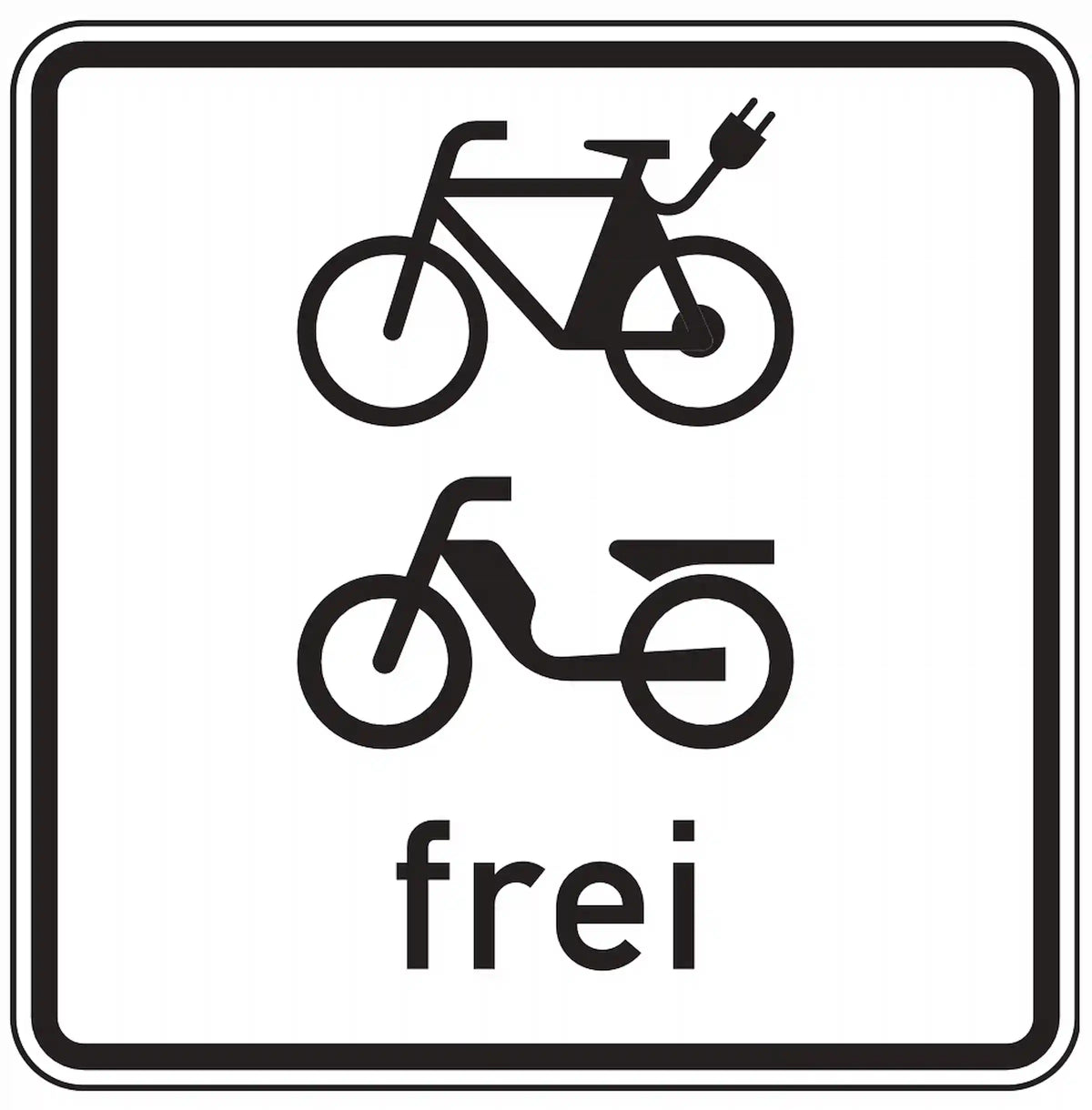 Verkehrszeichen 1022-15: Zusatzzeichen „E-Bikes und Mofas frei“. Hebt ein Verkehrsverbot – z. B. laut VZ 250 – für E-Bikes und Mofas auf.