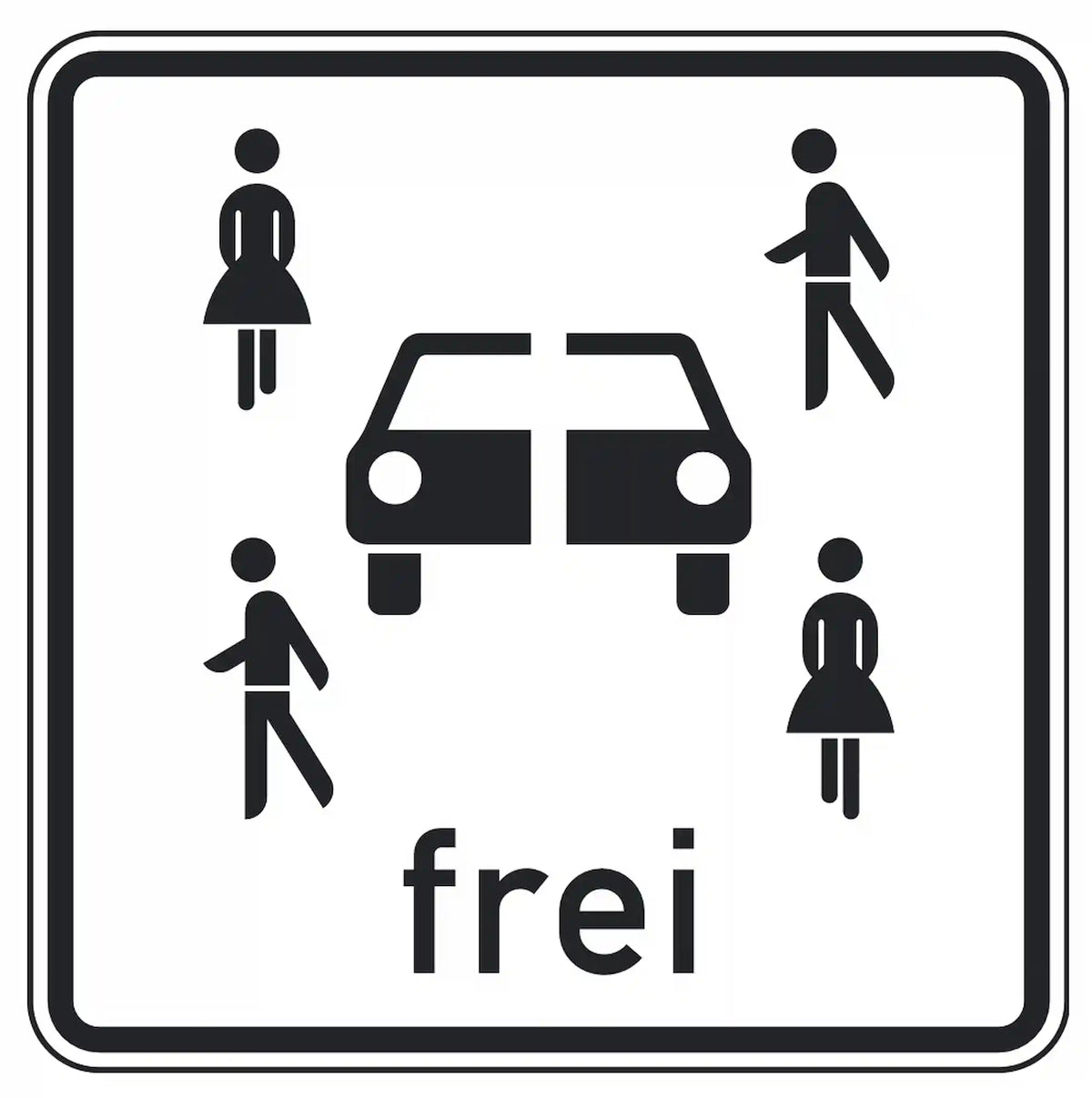 Verkehrszeichen 1024-21: Zusatzzeichen „Carsharingfahrzeuge frei“. Hebt ein bestehendes Verkehrsverbot für Carsharingfahrzeuge mit gültiger Plakette auf. Gilt nur für benannte Anbieter, wenn zusätzlich ein Namensschild angebracht ist.