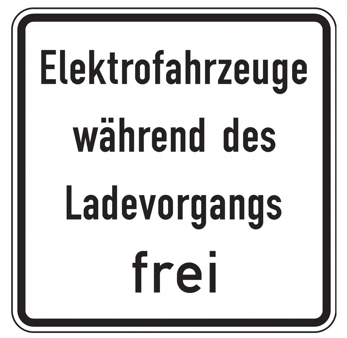 Verkehrszeichen 1026-60: Zusatzzeichen „Elektrofahrzeuge während des Ladevorgangs frei“. Hebt ein Verkehrsverbot für ladende Elektrofahrzeuge auf – meist an Ladesäulen, um Parkflächen freizuhalten.
