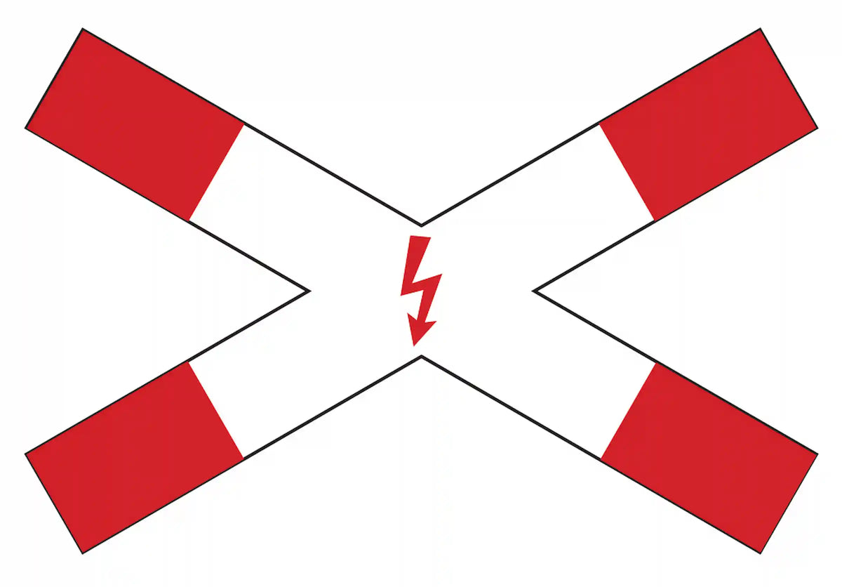 Verkehrszeichen "Andreaskreuz liegend, mit Blitzpfeil" - VZ 201-53