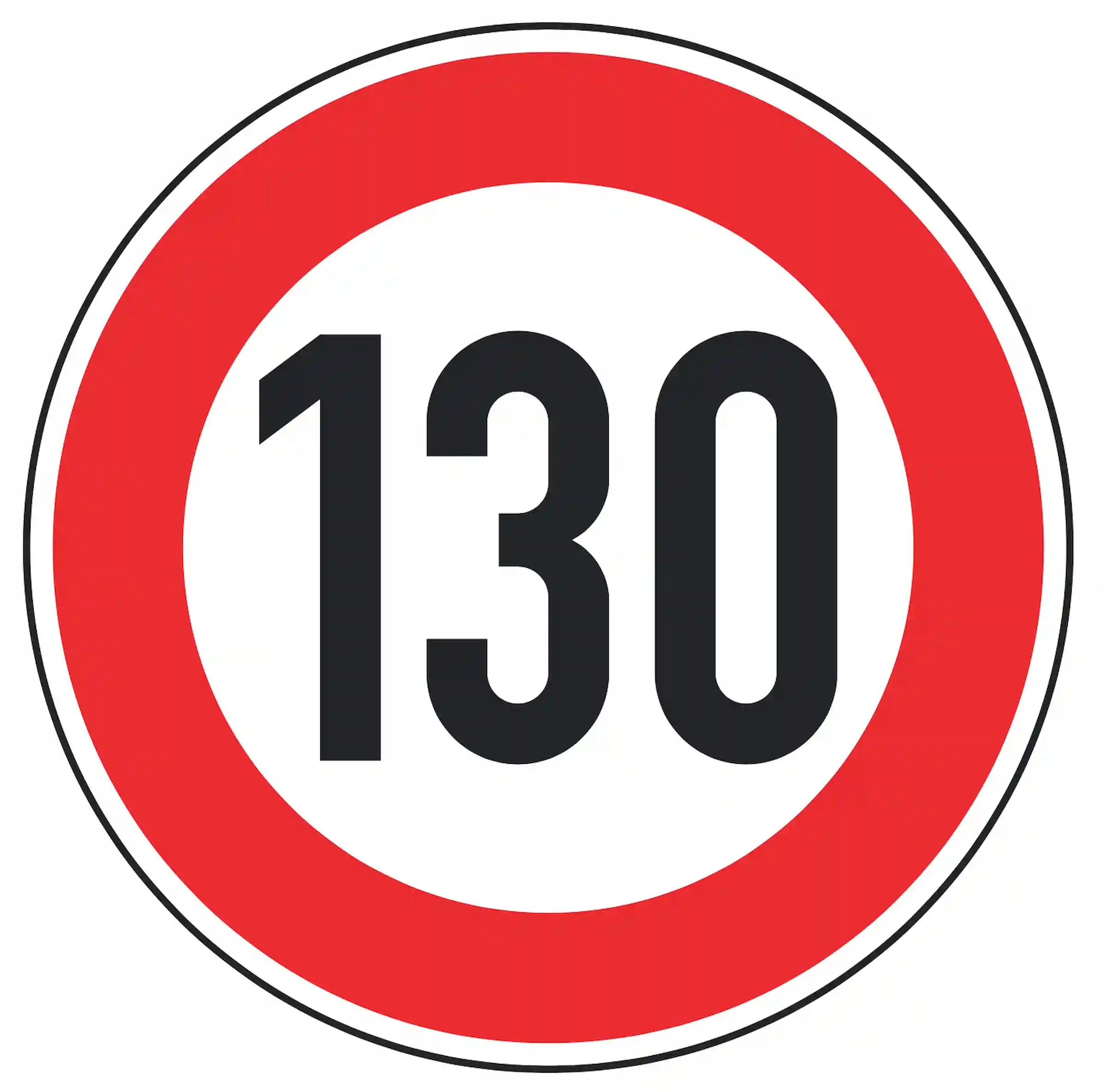 Verkehrszeichen 274-130: weißes Rundschild mit Ziffer 130 – zulässige Höchstgeschwindigkeit 130 km/h.