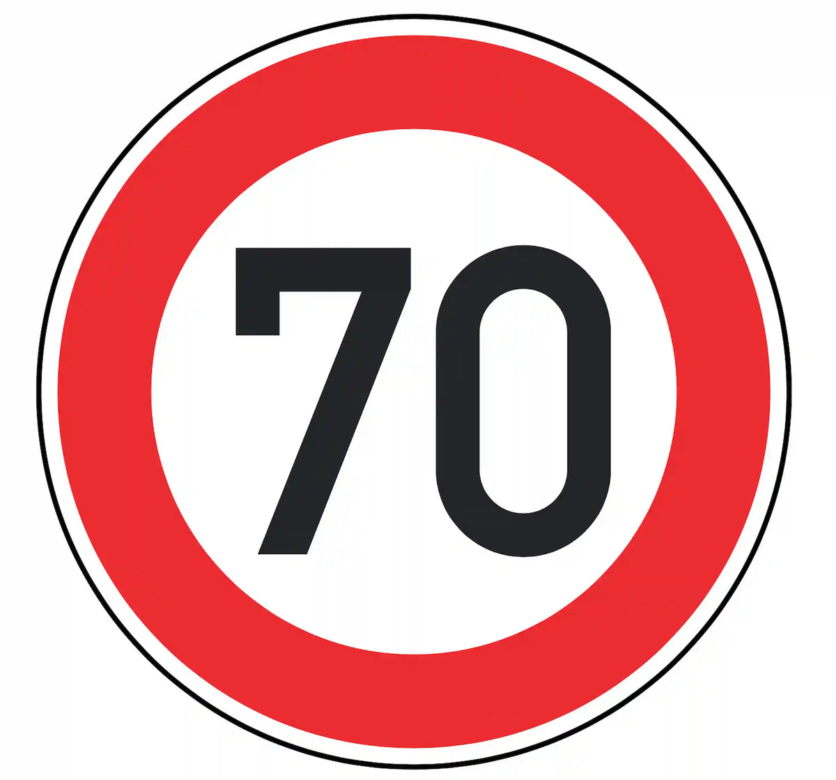 Verkehrszeichen 274-70: weißes Rundschild mit Ziffer 70 – zulässige Höchstgeschwindigkeit 70 km/h.