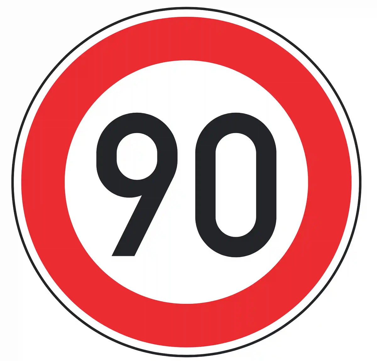 Verkehrszeichen 274-90: weißes Rundschild mit Ziffer 90 – zulässige Höchstgeschwindigkeit 90 km/h.