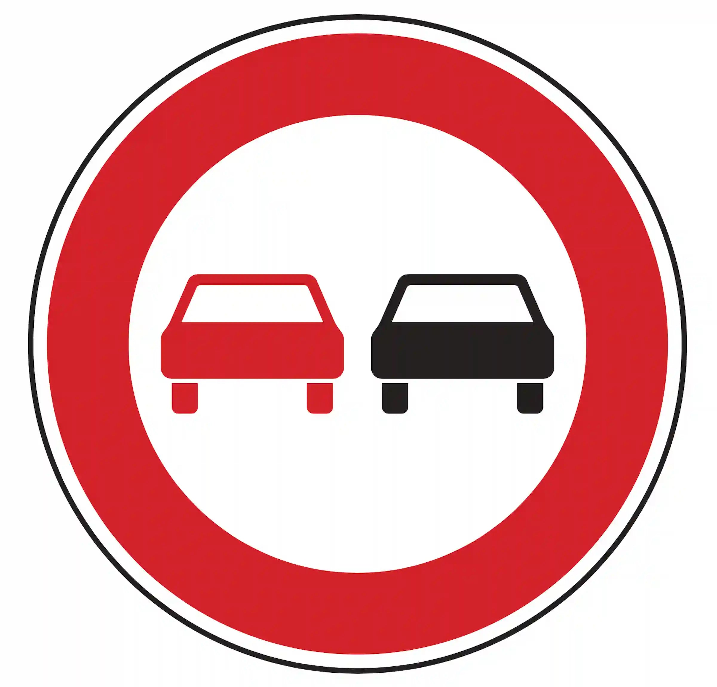 Verkehrszeichen 276: rundes Schild, rotes Auto neben grauem Auto – Überholverbot für alle Kraftfahrzeuge.