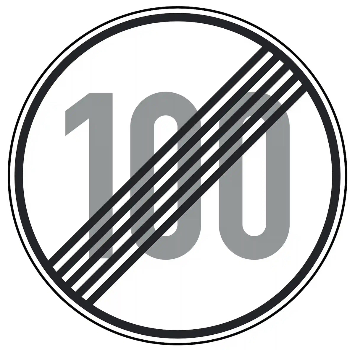 Verkehrszeichen 278-100: Rundschild, durchgestrichene „100“ – Ende der Höchstgeschwindigkeit 100 km/h.