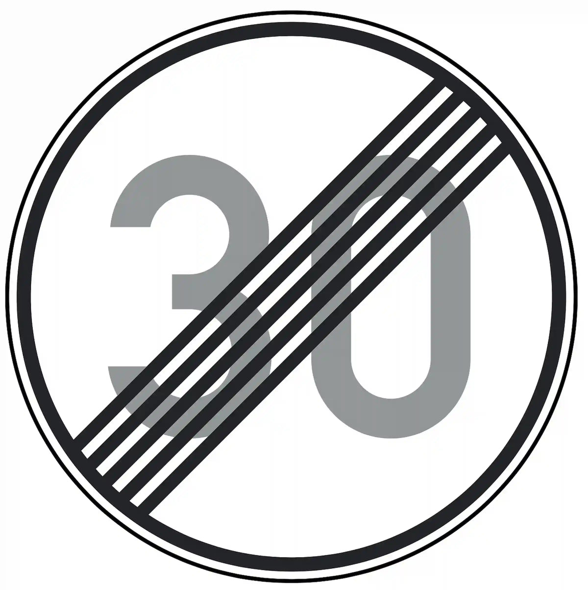 Verkehrszeichen 278-30: Rundschild, durchgestrichene „30“ – Ende der Höchstgeschwindigkeit 30 km/h.