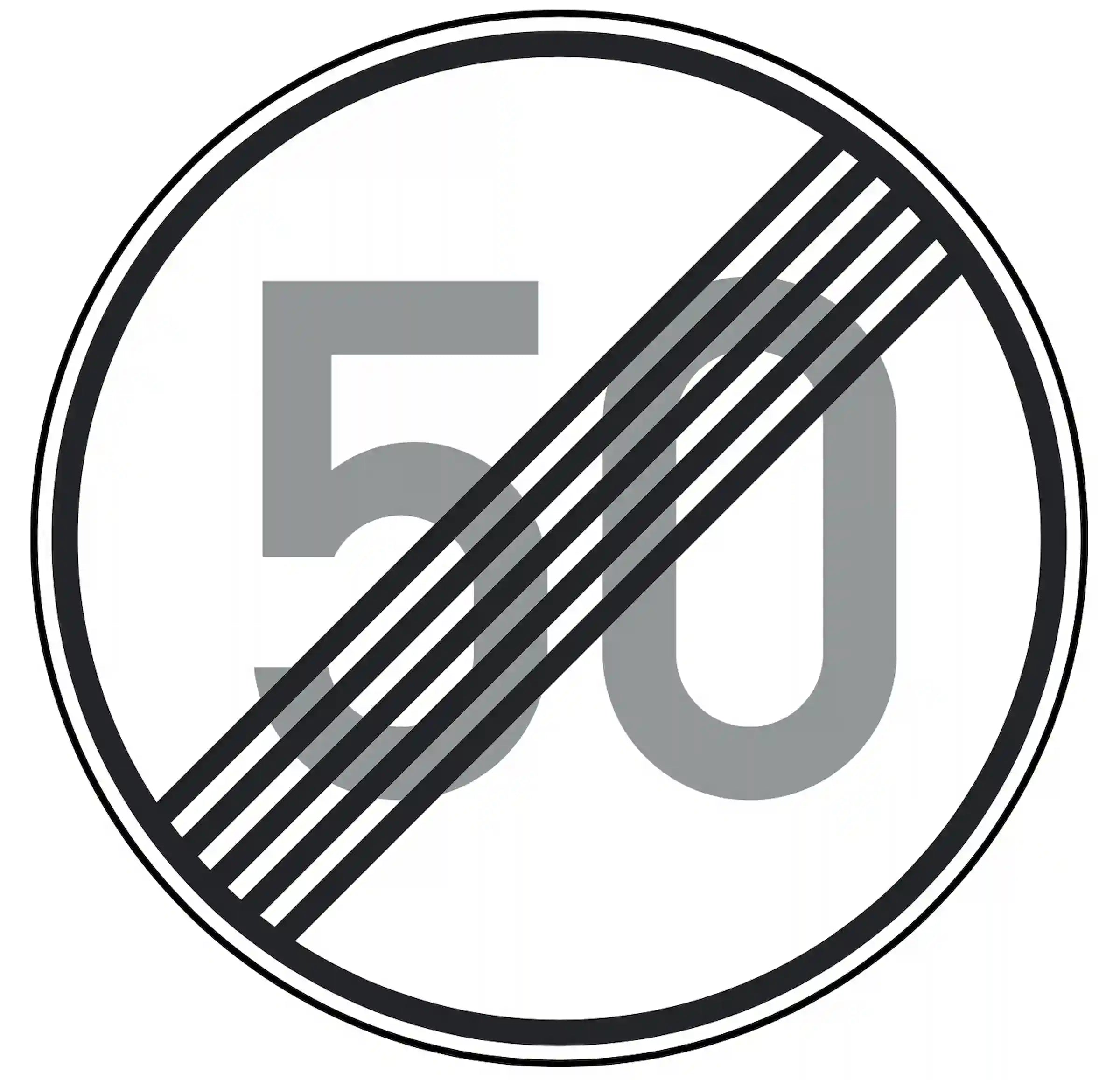 Verkehrszeichen 278-50: Rundschild, durchgestrichene „50“ – Ende der Höchstgeschwindigkeit 50 km/h.