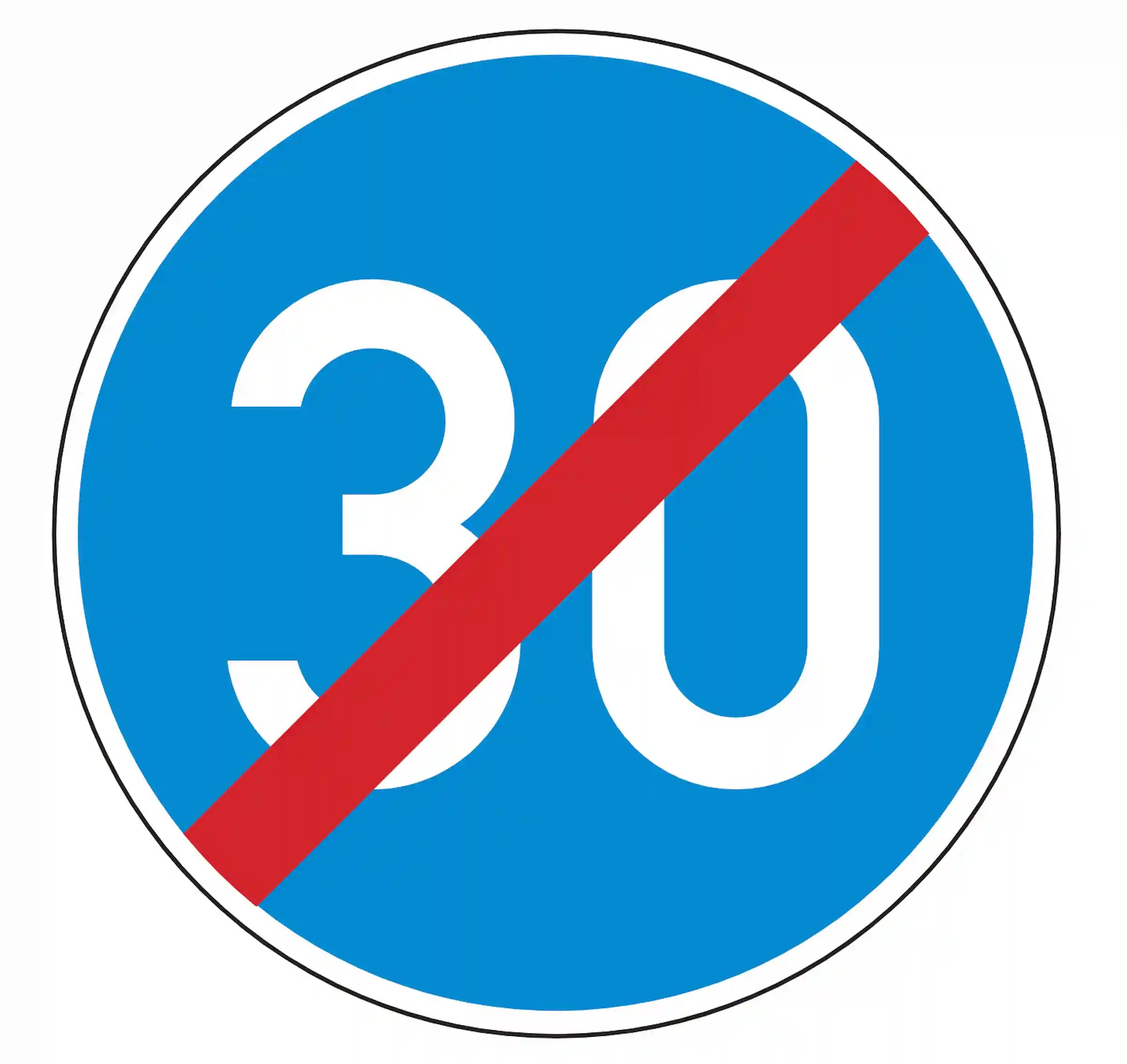 Verkehrszeichen 279: blaues Rundschild, durchgestrichene Zahl – Ende der Mindestgeschwindigkeit.