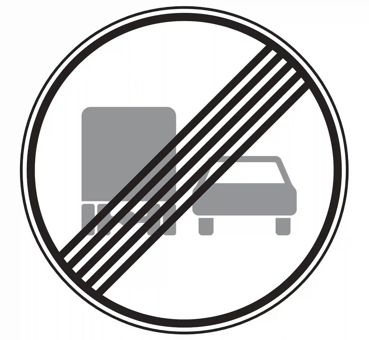 Verkehrszeichen 281: rundes Schild, zwei graue Lkw unter Schrägstreifen – Ende Überholverbot für > 3,5 t.