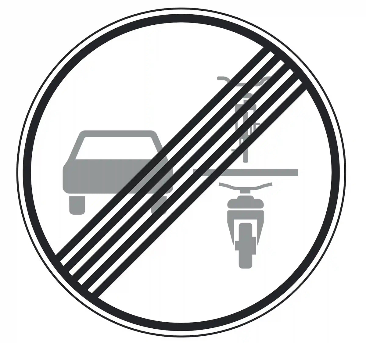 Verkehrszeichen 281.1: graues Auto & Fahrrad unter Schrägstreifen – Ende Überholverbot gegenüber Einspurigen.