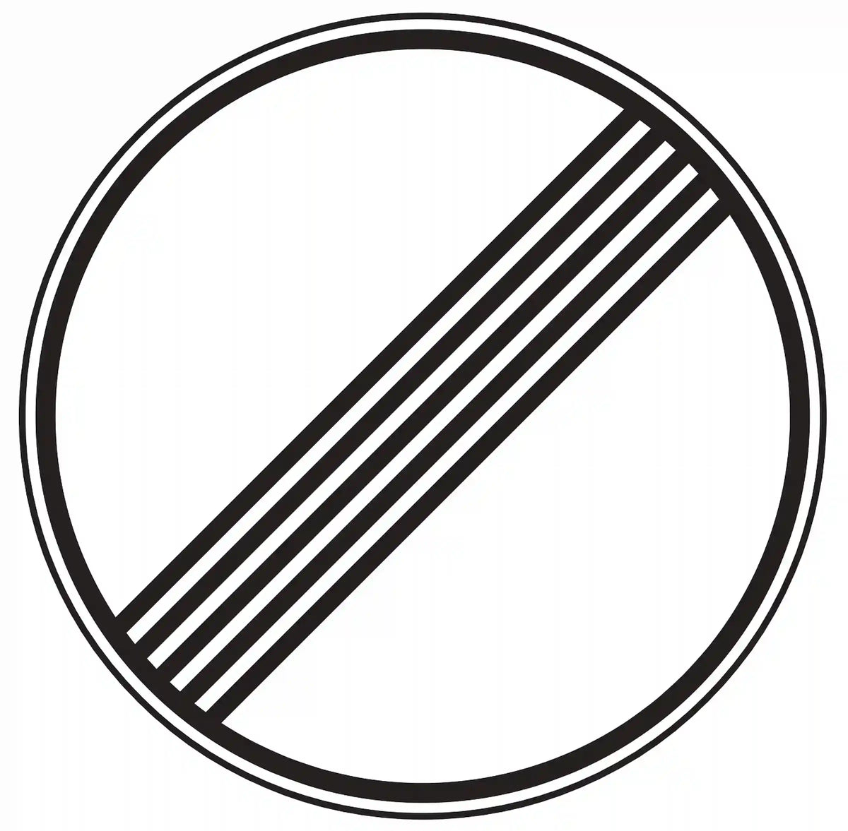 VZ 282: rundes Schild mit fünf grauen Streifen – Ende aller Geschwindigkeits- und Überholverbote.“