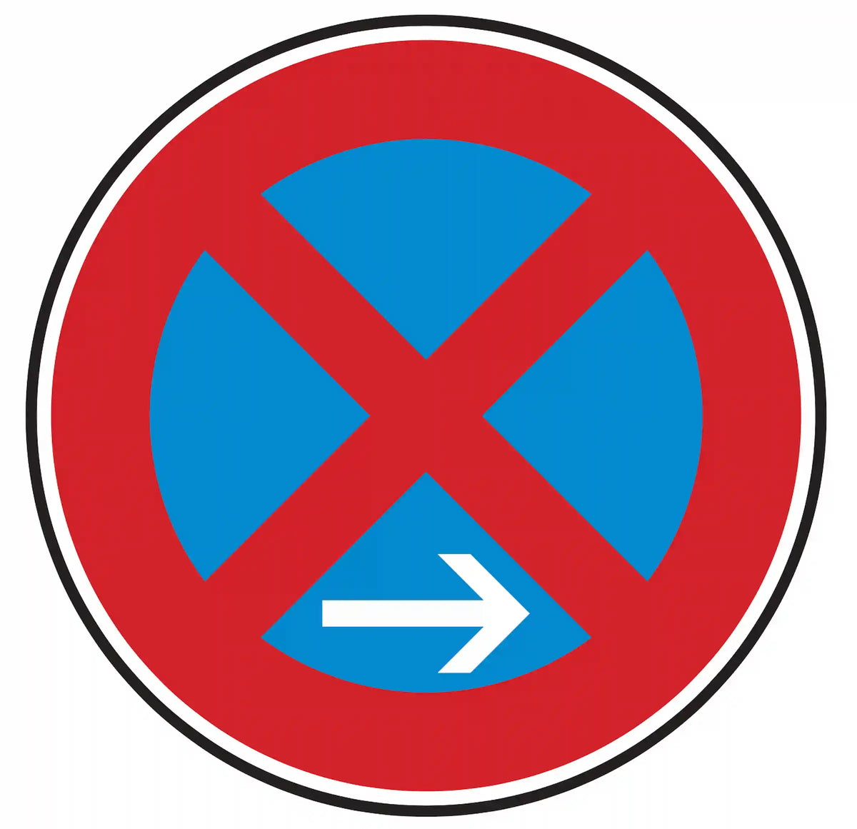 Verkehrszeichen 283-20: blaues Haltverbot-Schild, Pfeil nach rechts außen – Ende absolutes Haltverbot.