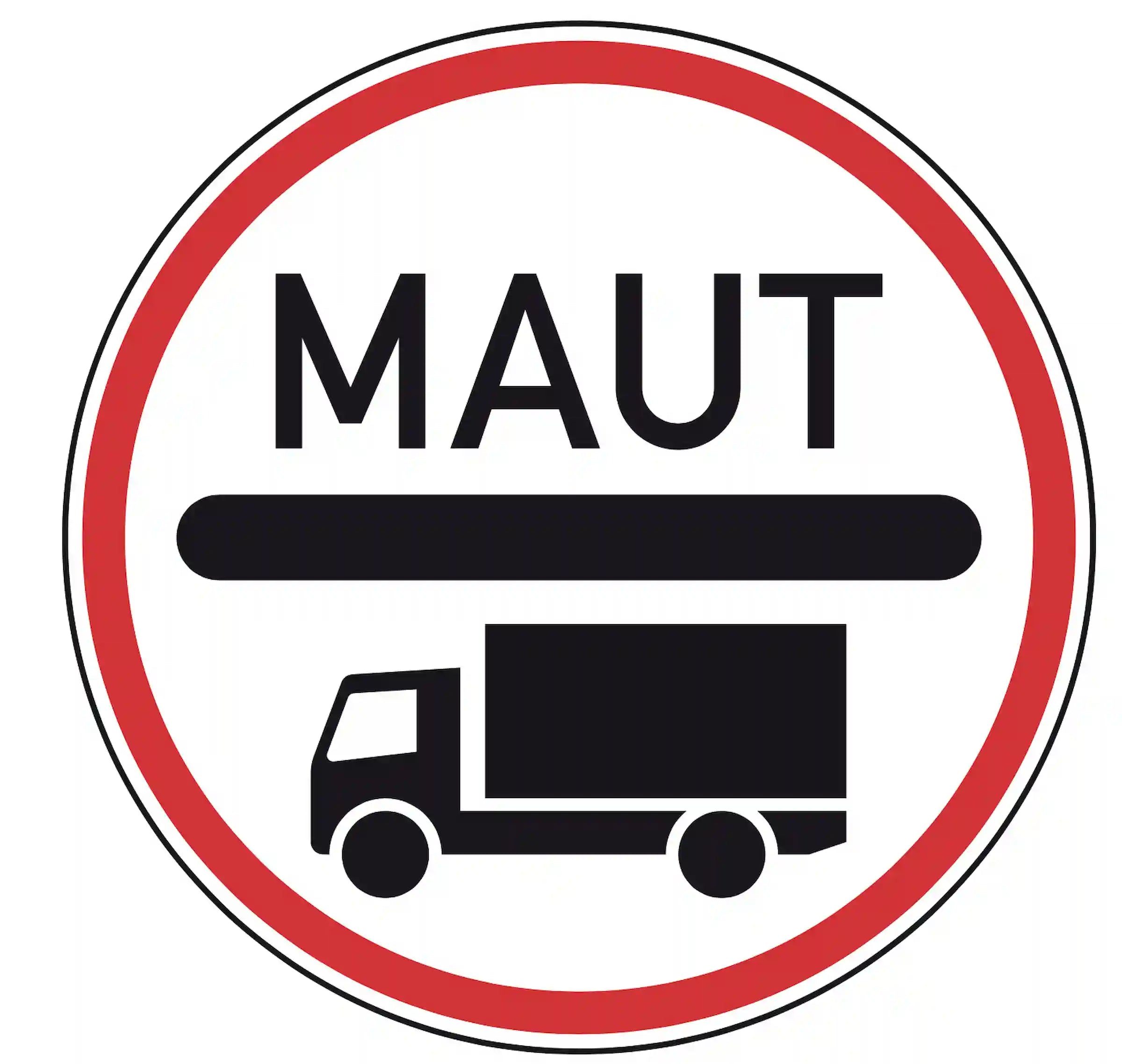 Verkehrszeichen 390: blaues Rechteckschild mit Lkw-Symbol & ‚Maut‘ – mautpflichtige Strecke.