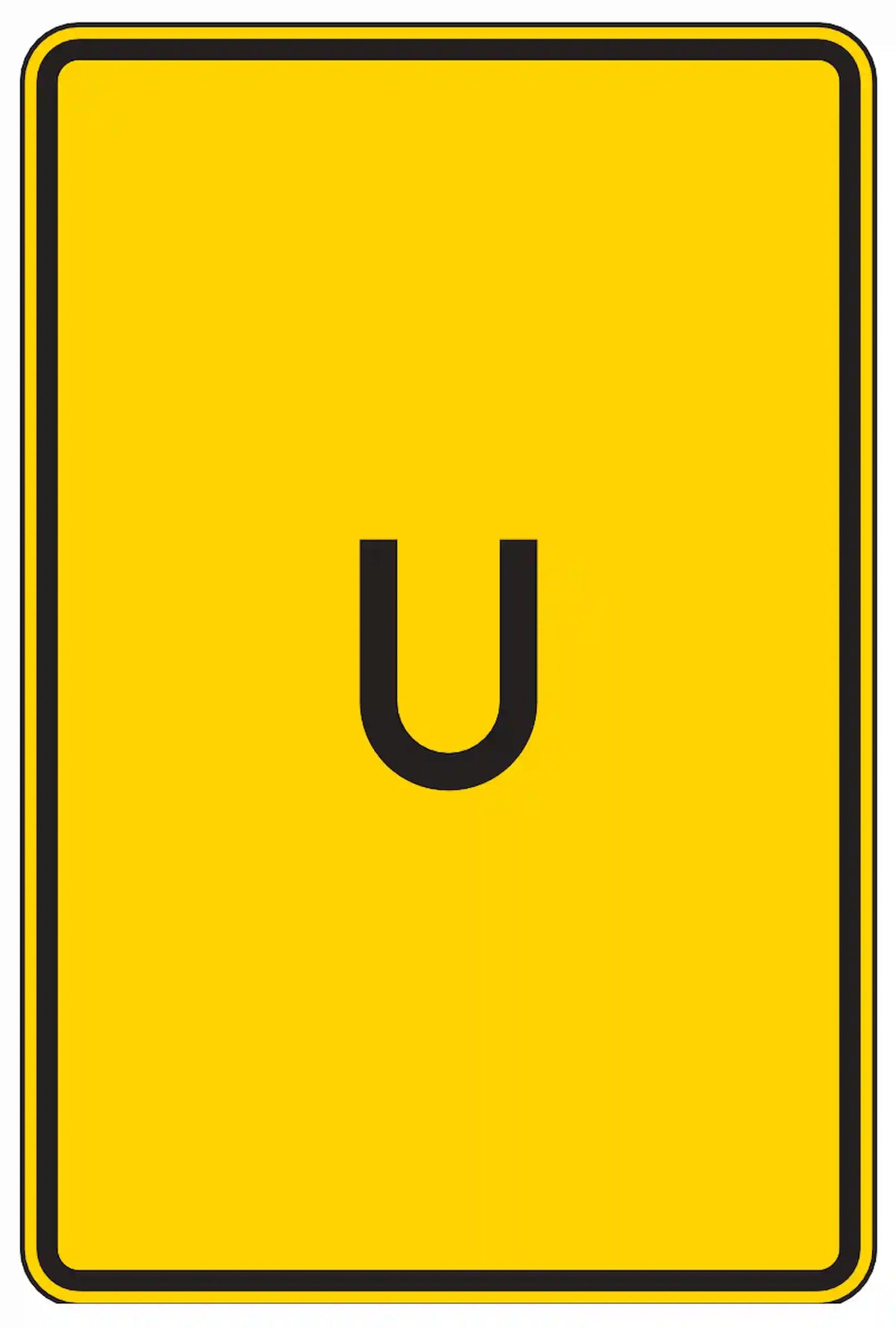 Verkehrszeichen 455.1-50: Gelbes rechteckiges Schild mit schwarzem Kreis und schwarzem Buchstaben 'U' – zeigt allgemein eine Umleitung an, ohne Richtungsangabe durch Pfeilsymbol.