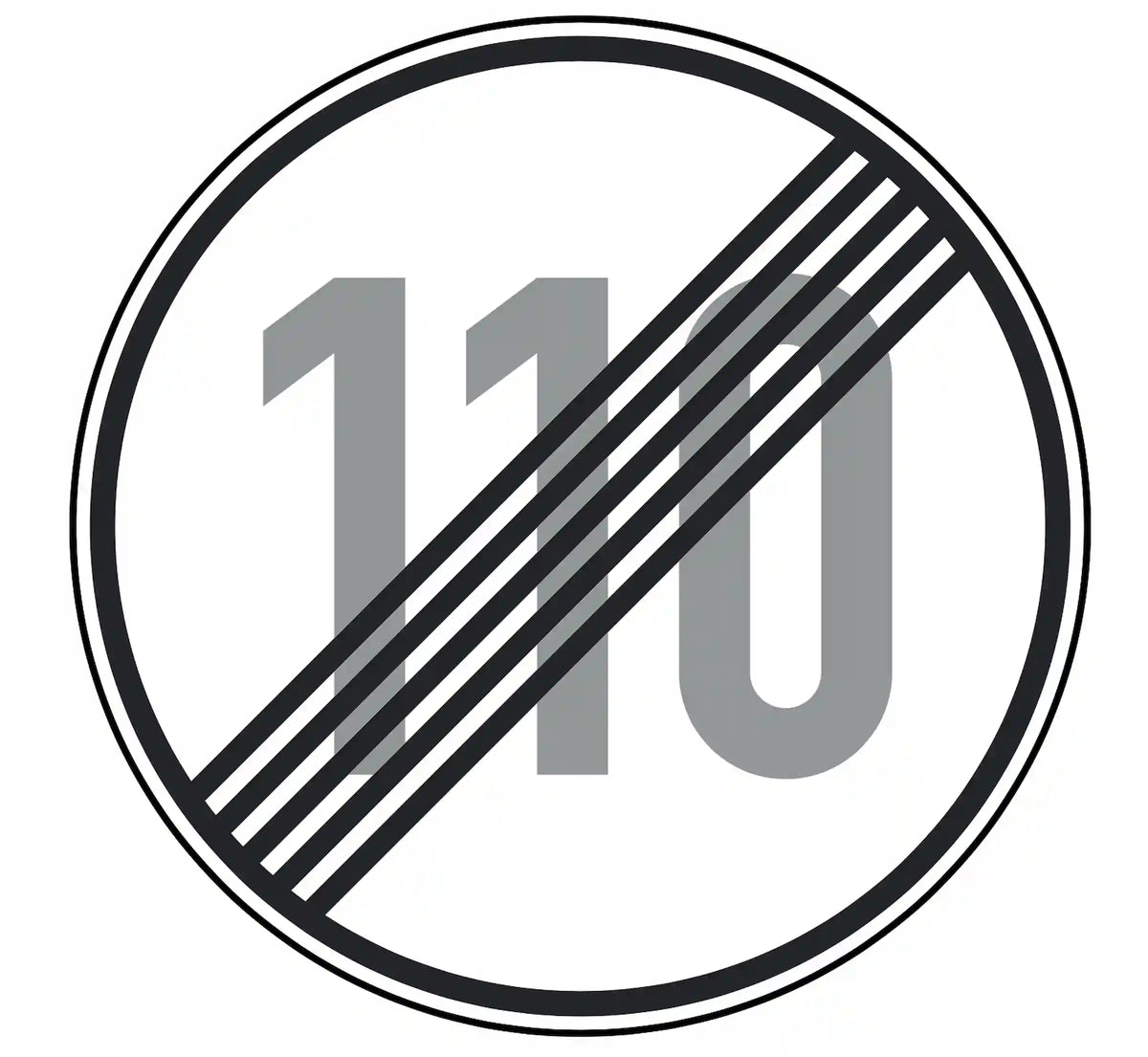 Verkehrszeichen 278-110: Rundschild, durchgestrichene „110“ – Ende der Höchstgeschwindigkeit 110 km/h.
