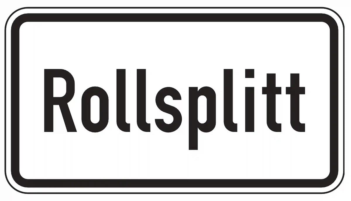 Zusatzzeichen: Rollsplitt – rutschige Fahrbahn möglich.