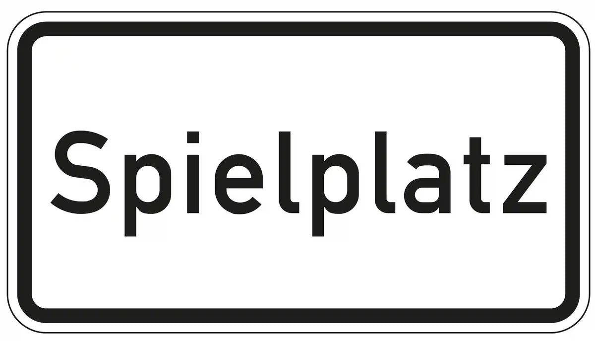 Zusatzzeichen 1012-56 „Spielplatz“ – rechteckiges Verkehrsschild mit schwarzem Schriftzug „Spielplatz“ auf weißem Hintergrund, um auf die Nähe eines Spielplatzes hinzuweisen