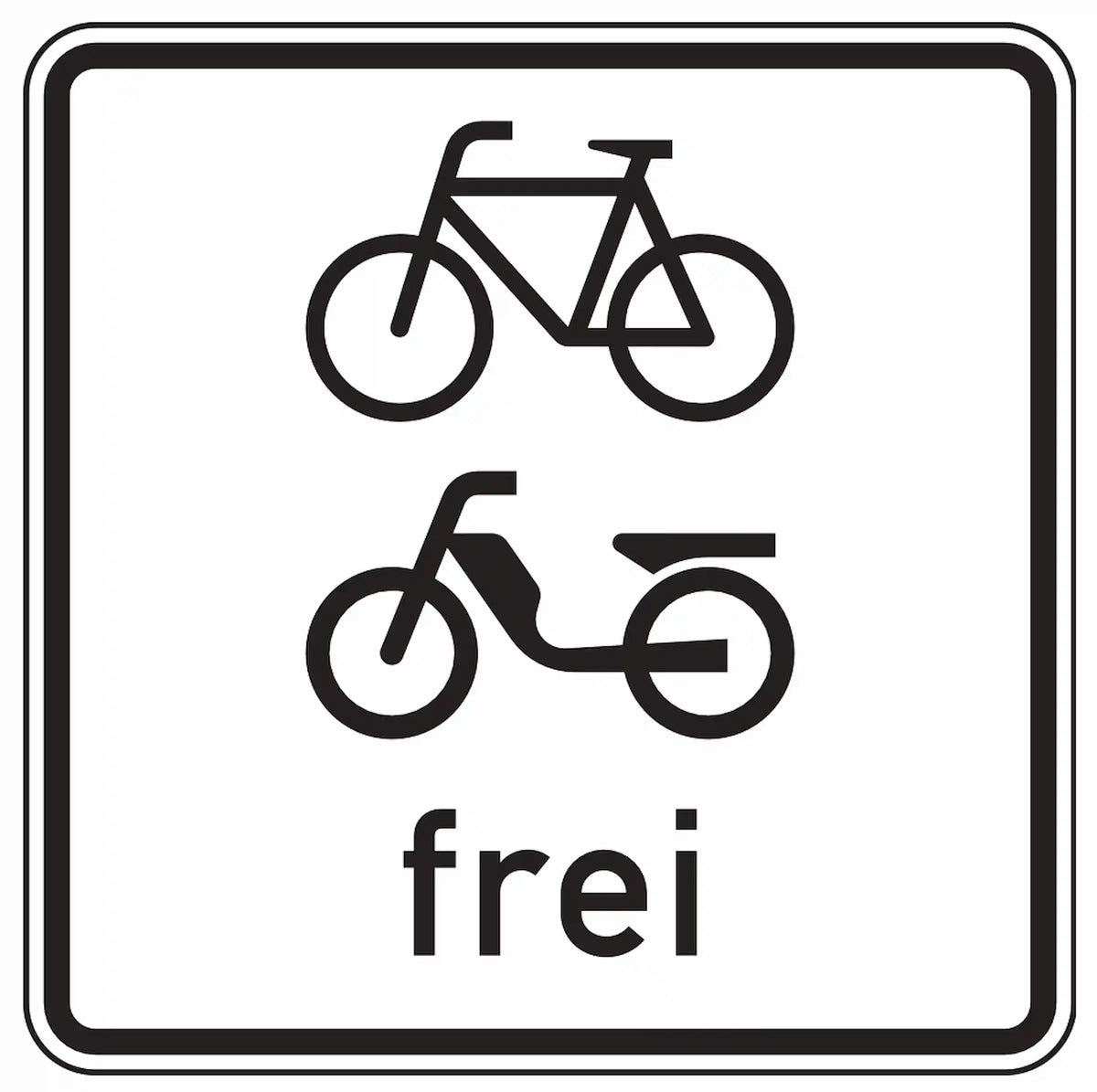 Verkehrszeichen 1022-14: Zusatzzeichen „Radverkehr und Mofas frei“. Hebt ein Verkehrsverbot – z. B. laut VZ 250 – für Radfahrer und Mofas auf.