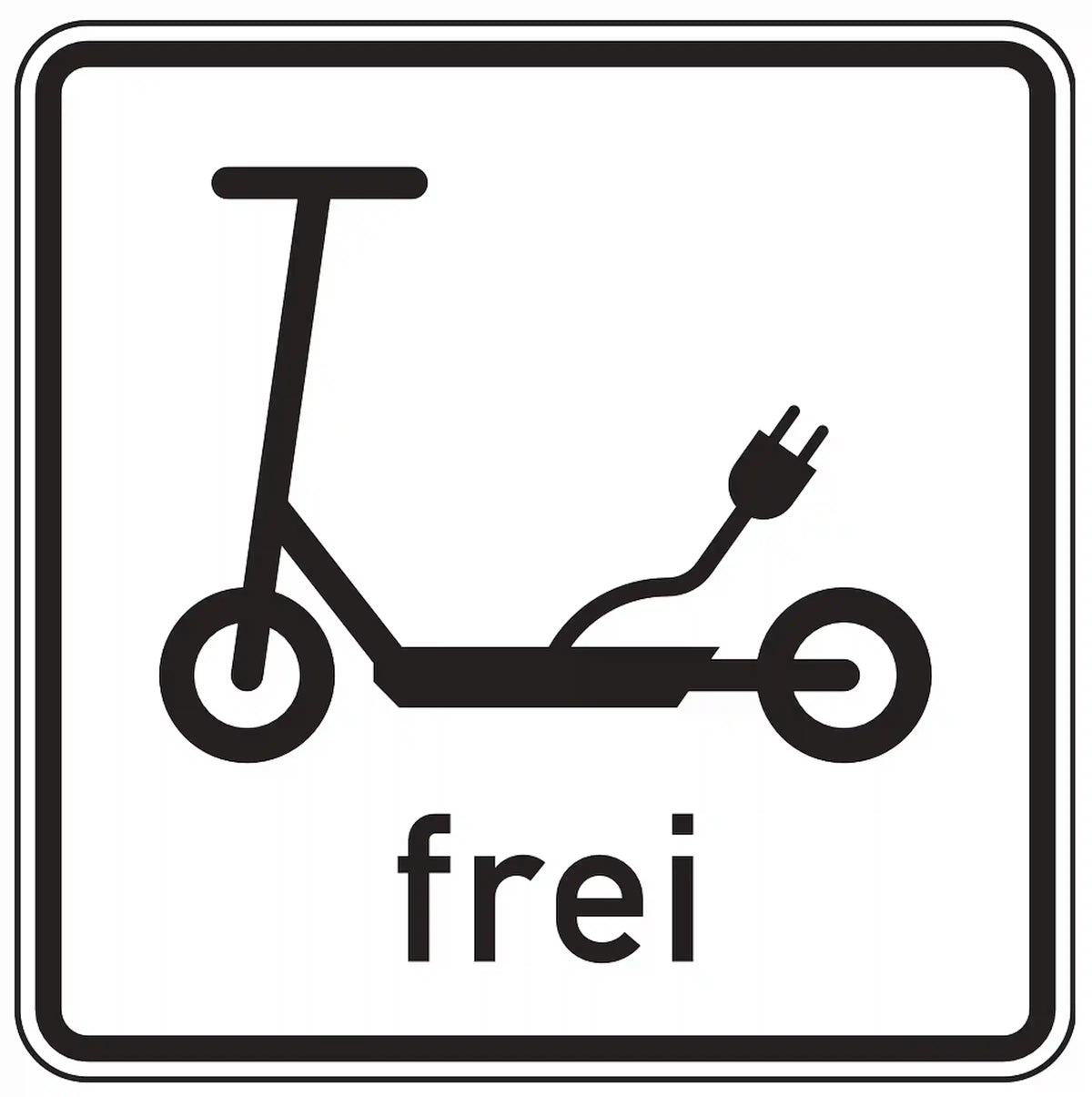 Verkehrszeichen 1022-16: Zusatzzeichen „Elektrokleinstfahrzeuge frei“. Hebt ein Verkehrsverbot – z. B. laut VZ 250 – für Elektrokleinstfahrzeuge wie E-Scooter auf.