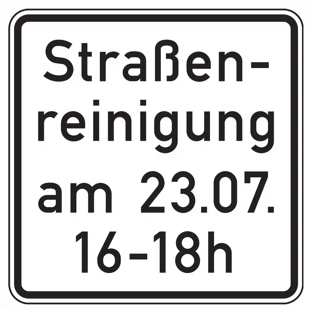 Verkehrszeichen 1042-50: Zusatzzeichen „Straßenreinigung mit Zeit- und Datumsangabe“. Gibt an, dass das zugehörige Verkehrszeichen nur zu bestimmten Zeiten an einem festgelegten Tag gilt.