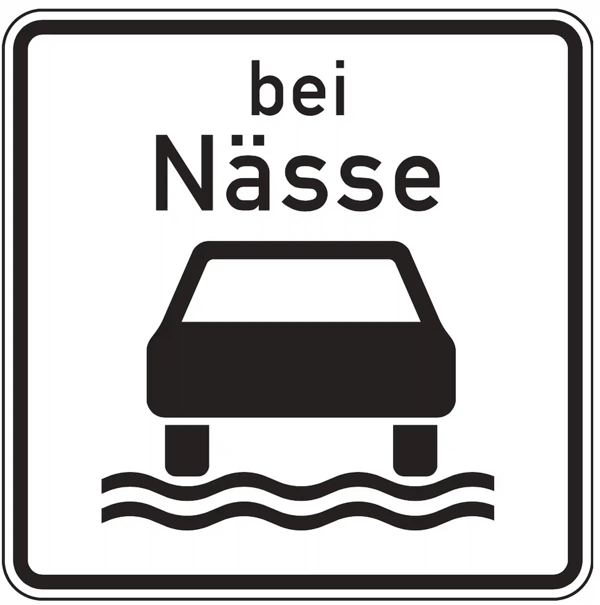 Verkehrszeichen 1053-35: Zusatzzeichen „Bei Nässe“. Gilt nur bei nasser Fahrbahn – oft in Verbindung mit Tempolimits, z. B. wegen eingeschränkter Griffigkeit.