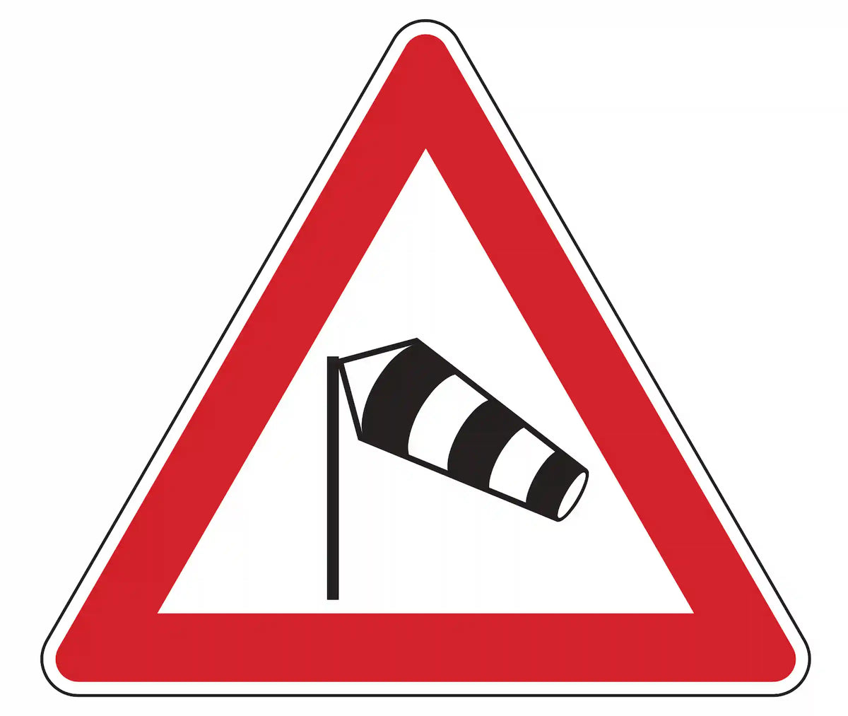 Warnschild 117-20: rotes Dreieck mit Windsack; weist 150–250 m vor Brücken auf gefährliche Seiten­winde von links hin.