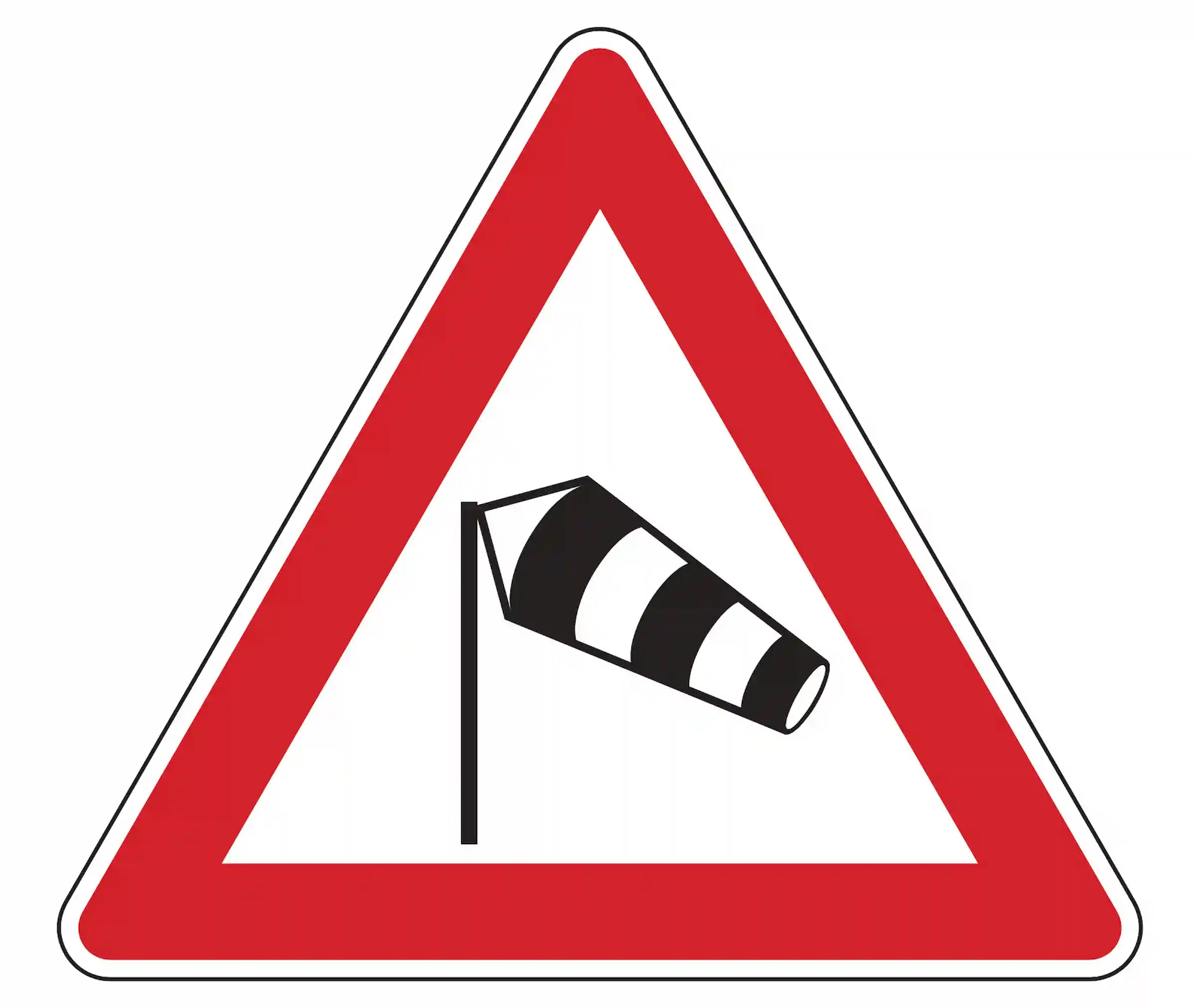 Warnschild 117-20: rotes Dreieck mit Windsack; weist 150–250 m vor Brücken auf gefährliche Seiten­winde von links hin.