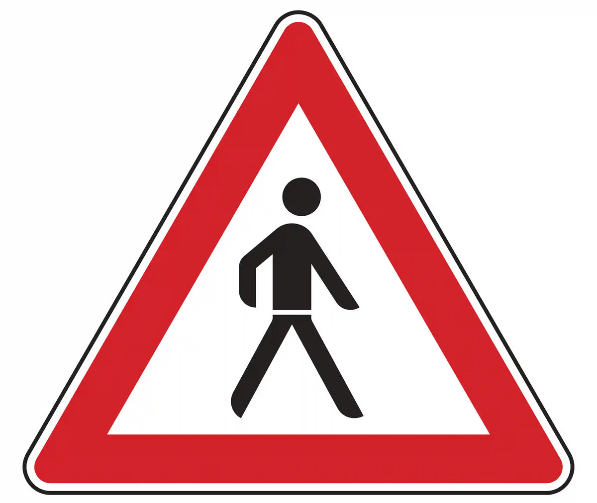 Warnschild 133-20: rotes Dreieck mit Fußgänger­symbol; weist linkss­seitig auf mögliches plötzliches Überqueren der Fahrbahn durch Fußgänger hin.