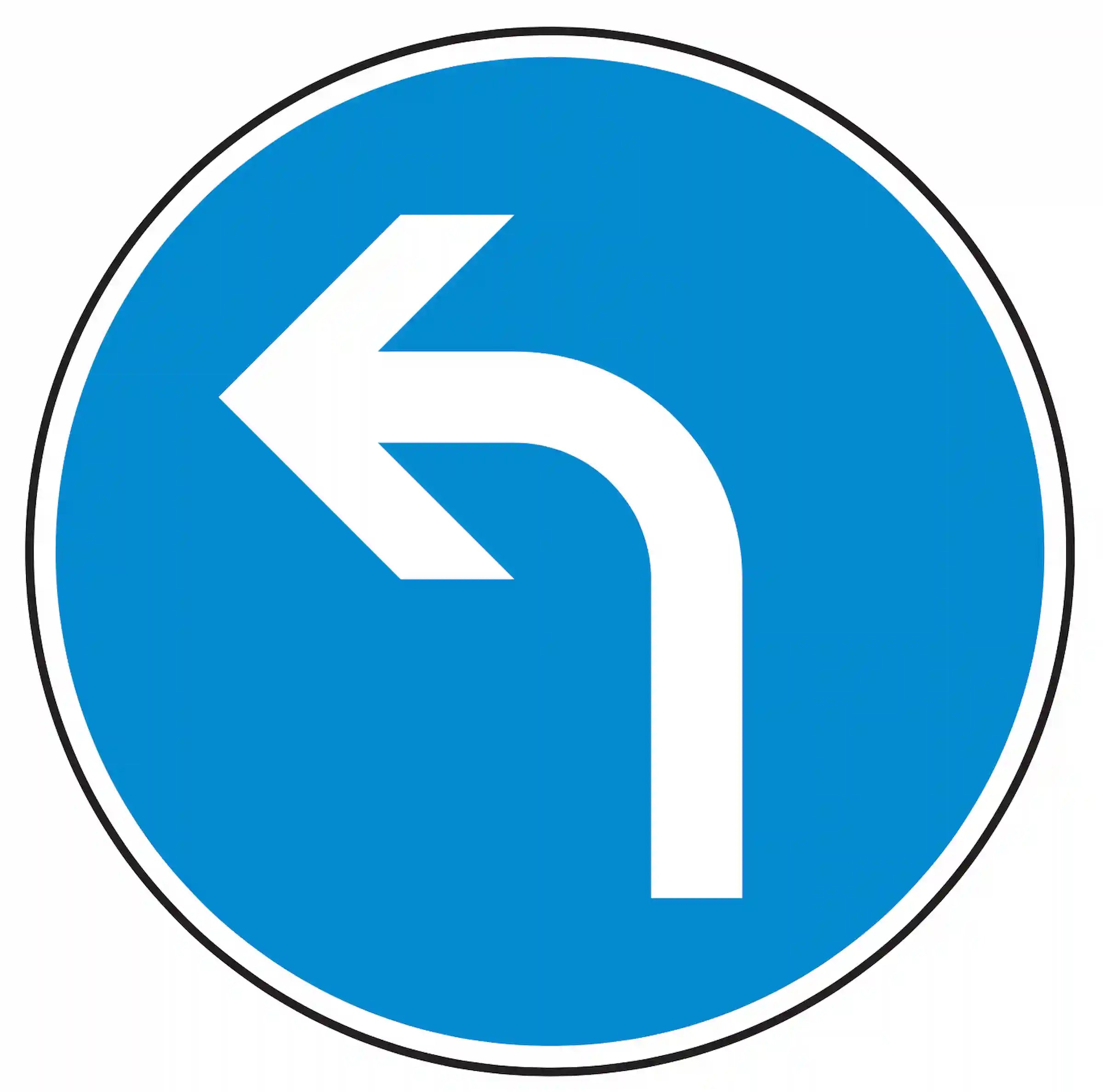 Verkehrszeichen 209-10: blaues Rundschild mit weißem Pfeil nach links – Fahrtrichtung links vorgeschrieben.
