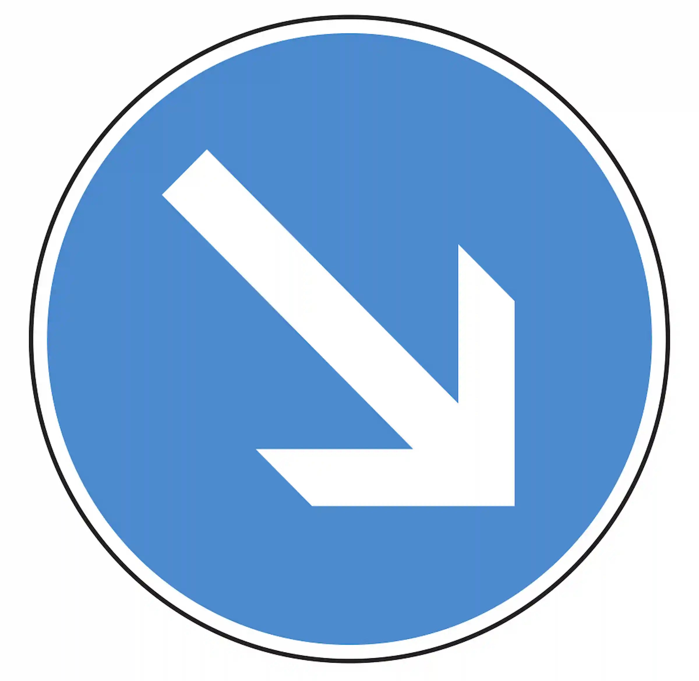 Verkehrszeichen 222: blaues Rundschild mit Pfeil nach unten rechts – Hindernis rechts passieren.