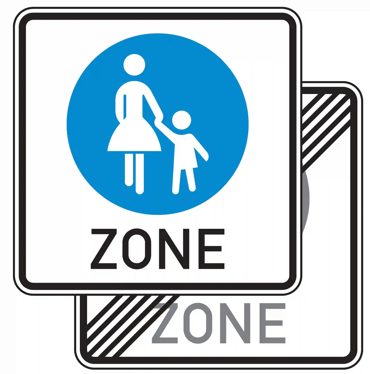 Verkehrszeichen 242.1-40: doppelseitiges blaues Quadrat mit Fußgängersymbol – beidseitiger Beginn/Ende Fußgängerzone.