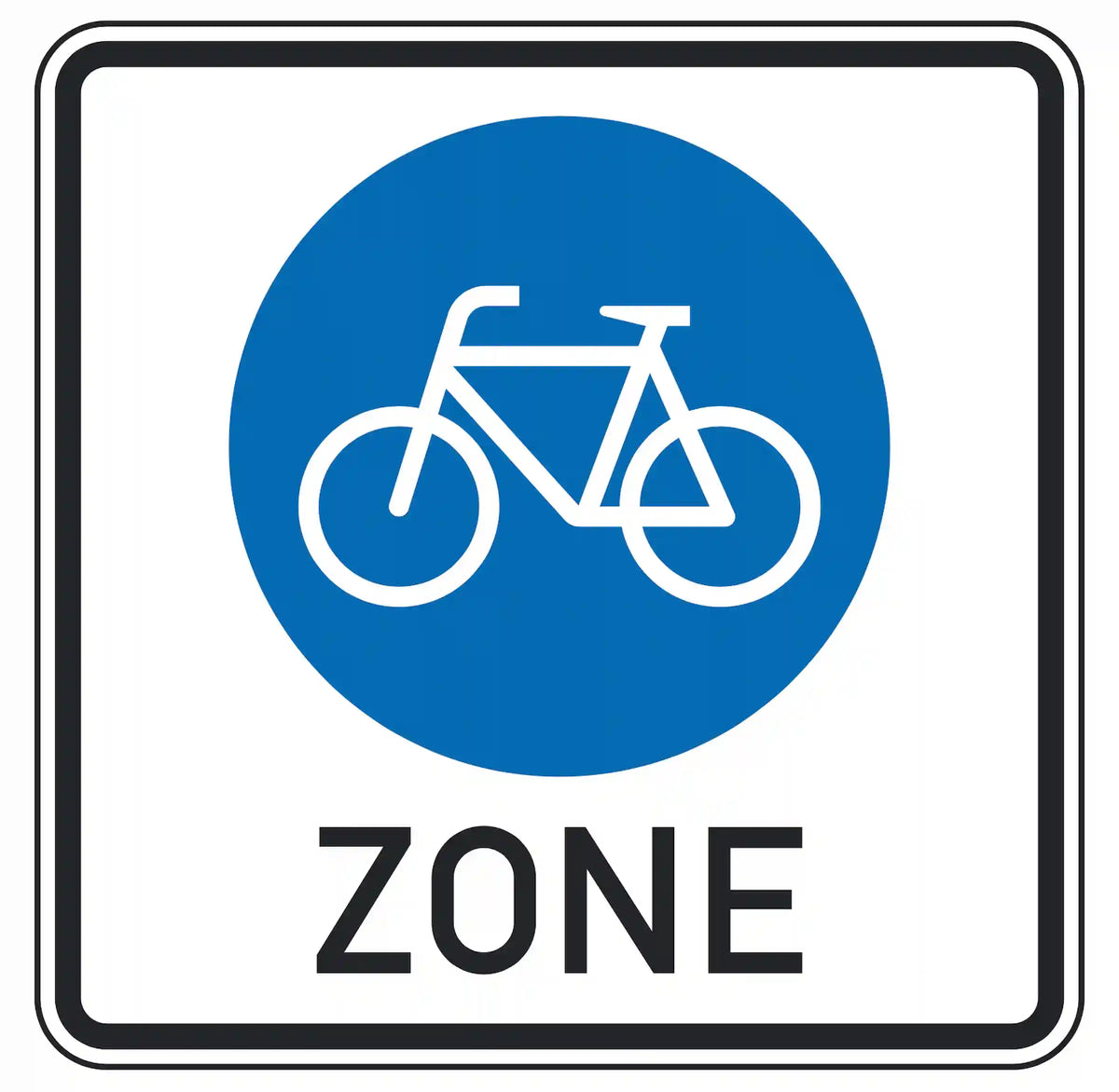 Verkehrszeichen 244.3: blaues Quadrat mit weißem Fahrradsymbol – Beginn einer Fahrradzone.