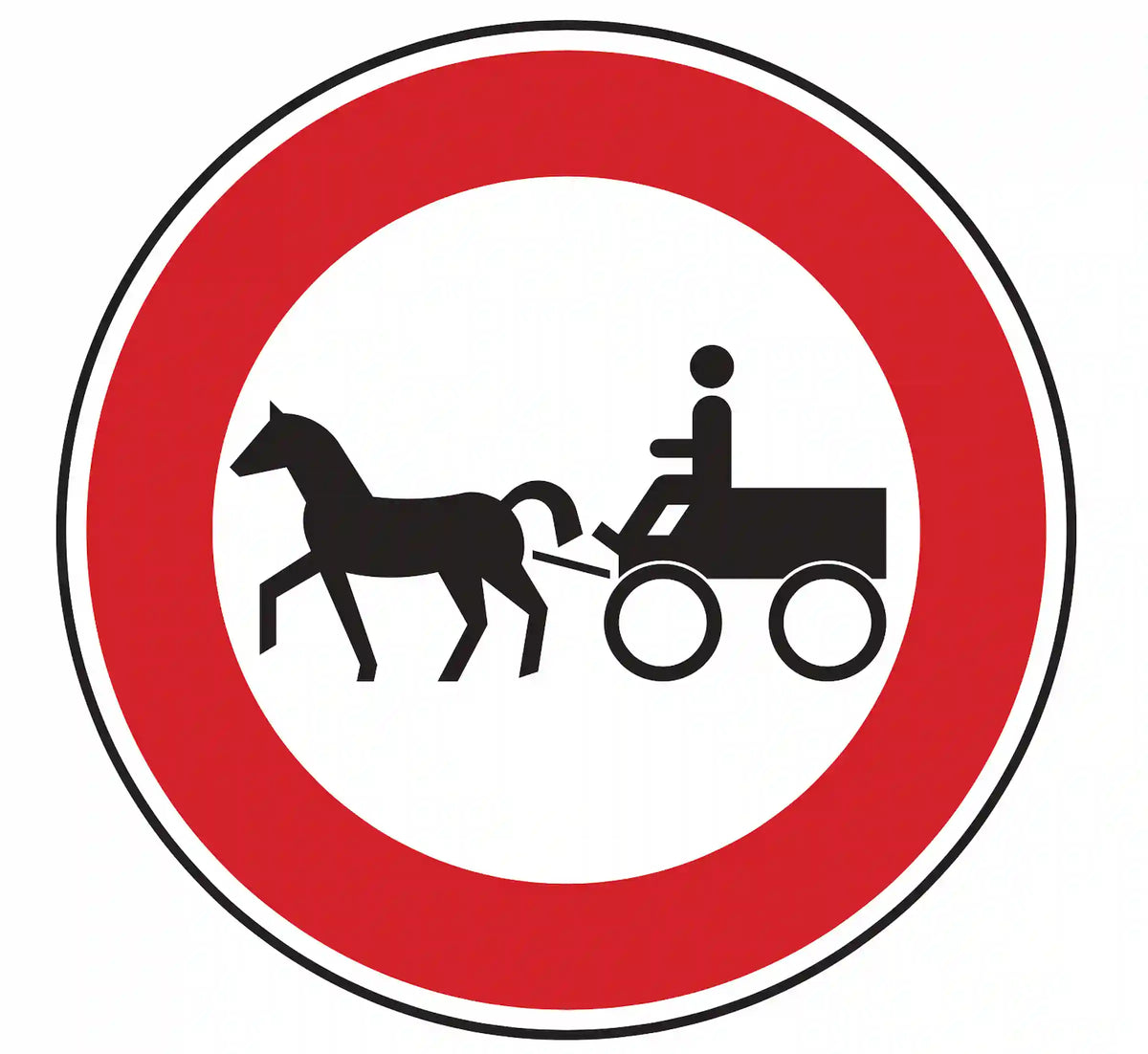 Verkehrszeichen 257-52: Rundschild, roter Rand, Pferdegespann – Einfahrt für Gespannfuhrwerke verboten.“