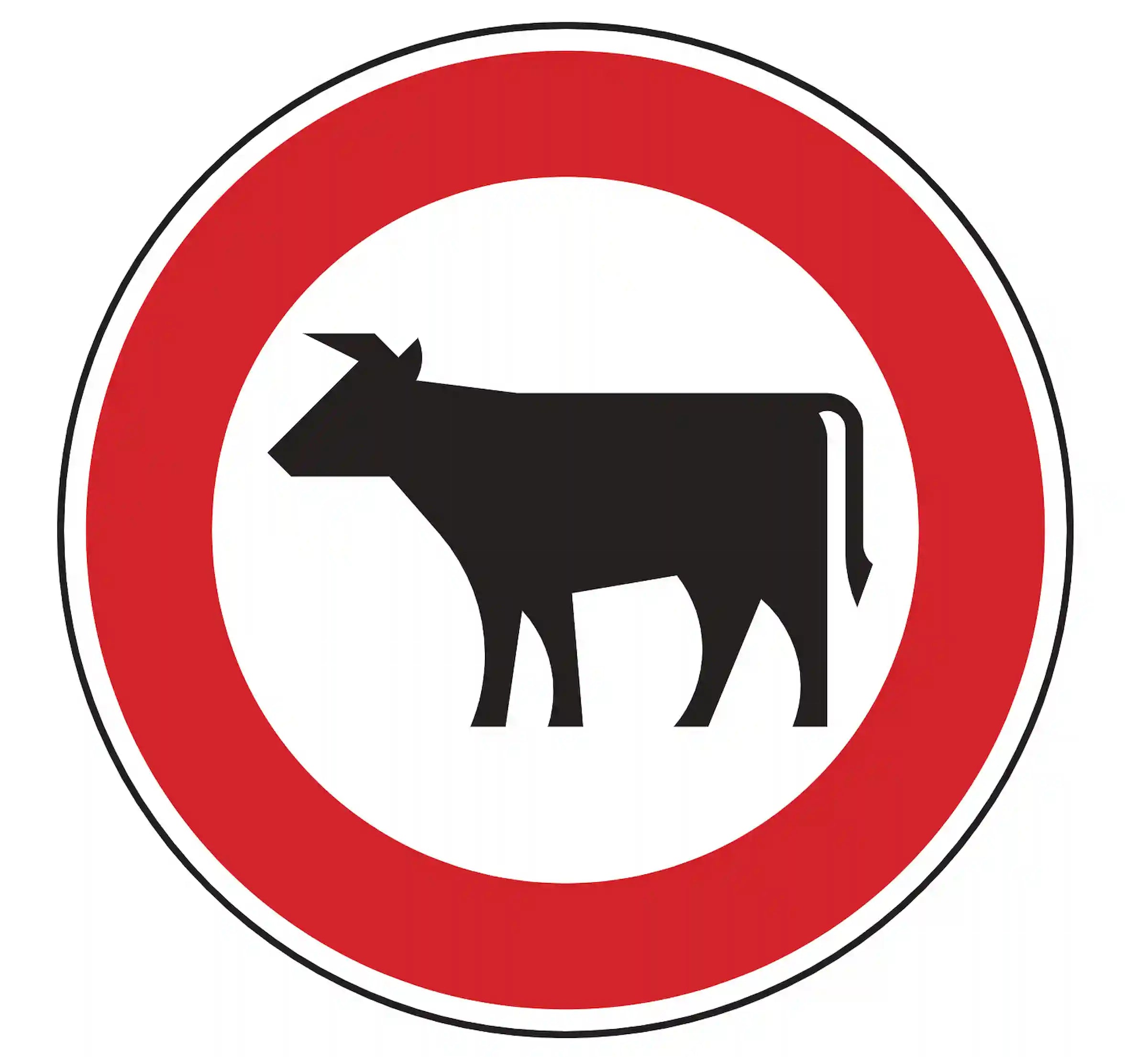 Verkehrszeichen 257-53: Rundschild, roter Rand, Kuh­symbol – Viehtrieb verboten.