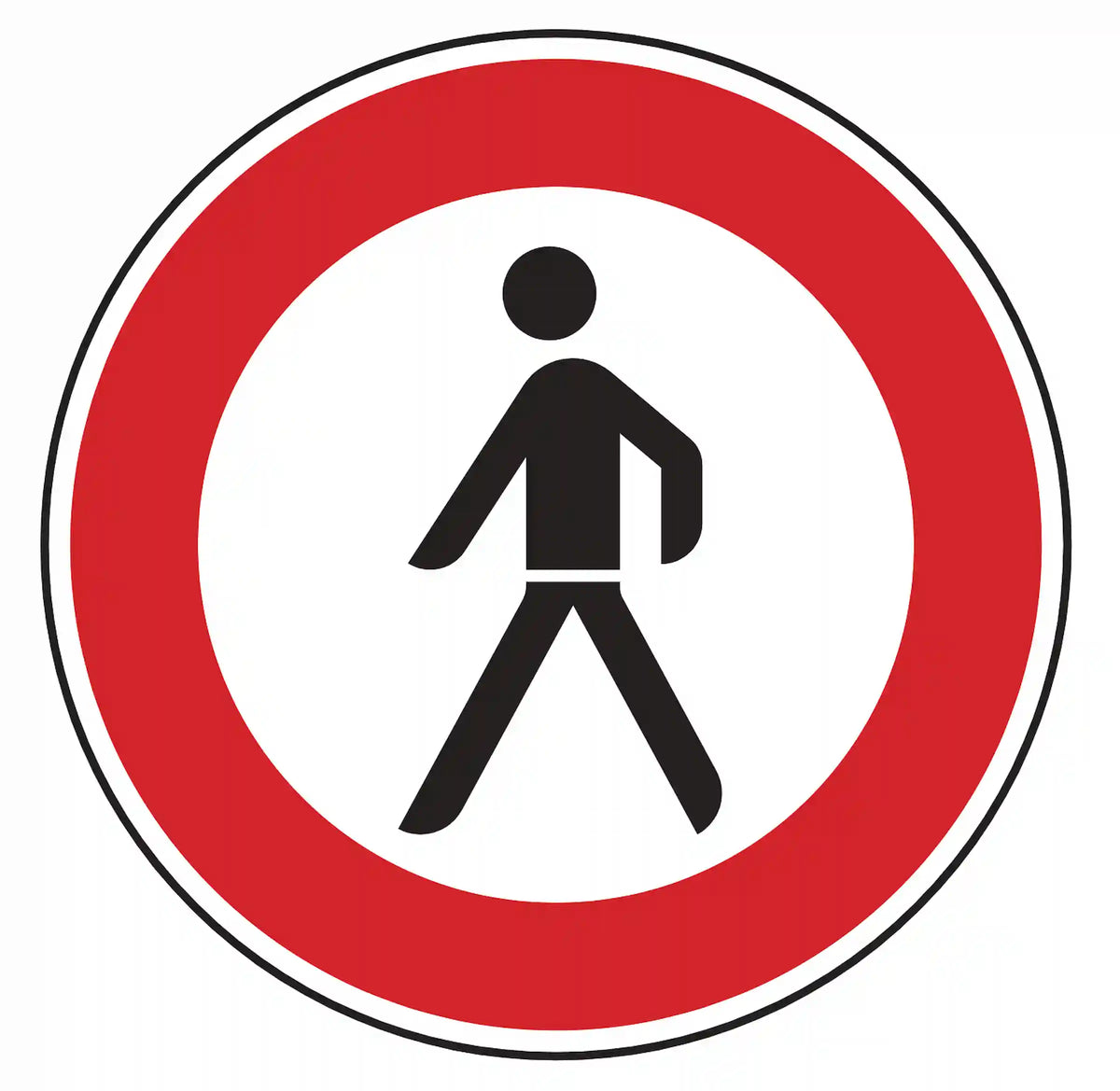 Verkehrszeichen 259: Rundschild, roter Rand, Fußgängersymbol – Durchgang für Fußgänger verboten.