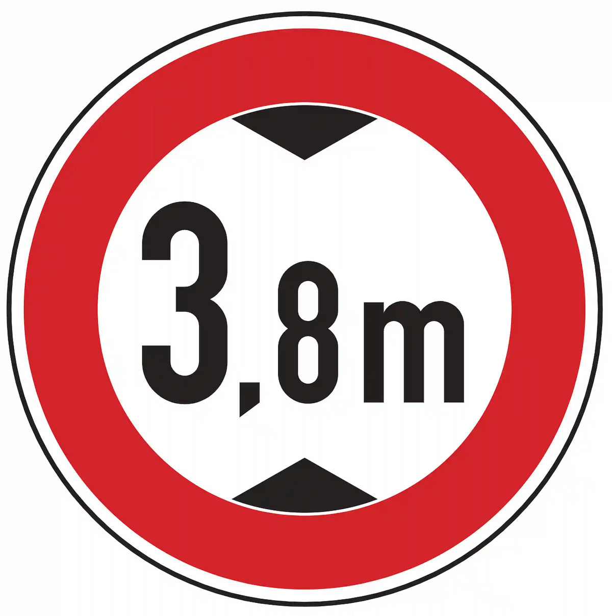 Verkehrszeichen 265: Rundschild, Zahl +m mit Doppelpfeil – Fahrzeuge höher als angegebene Meter verboten.