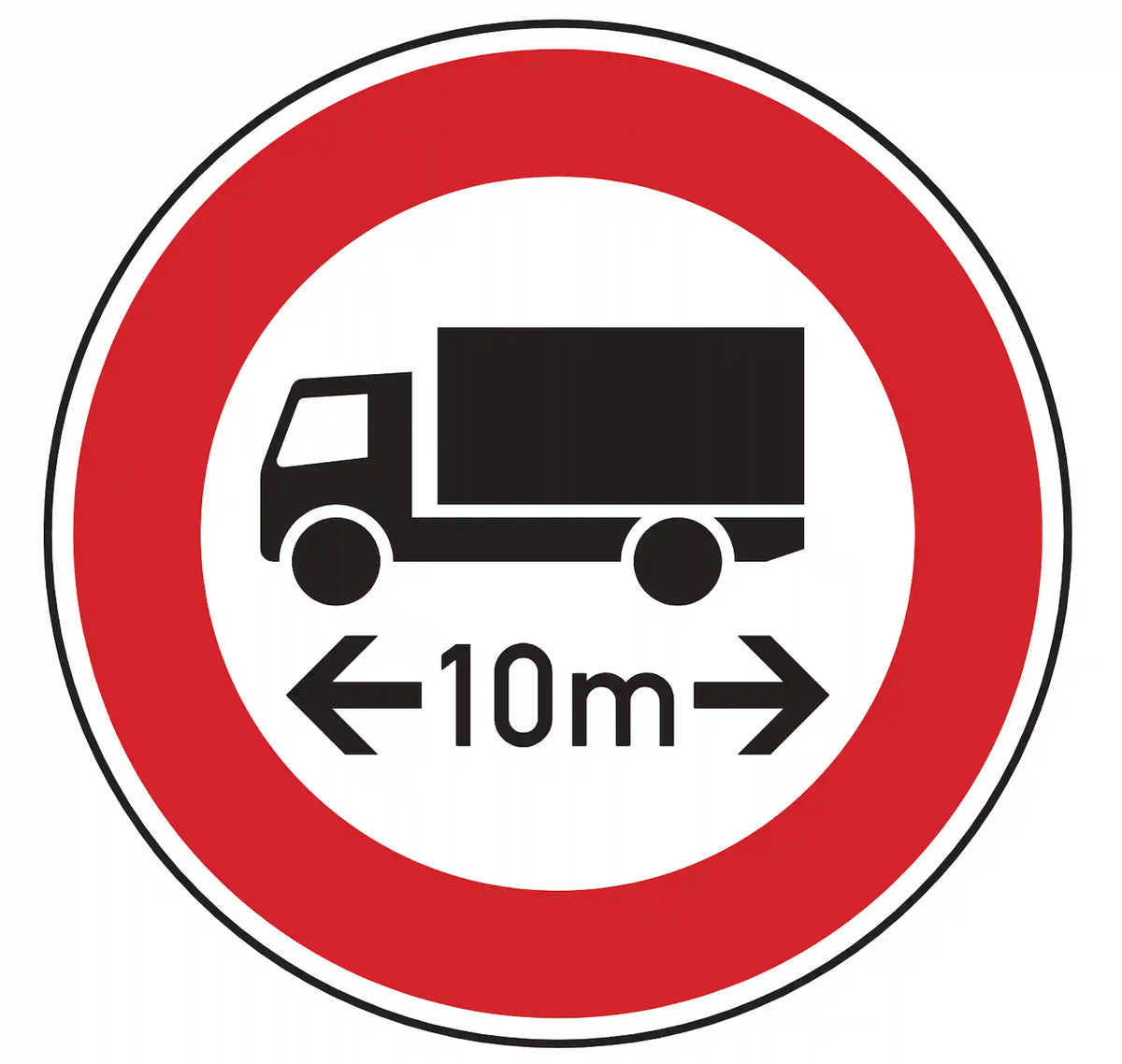 Verkehrszeichen 265*: Rundschild, Zahl +m mit Quer­pfeilen – Fahrzeuge länger als angegebene Meter verboten.