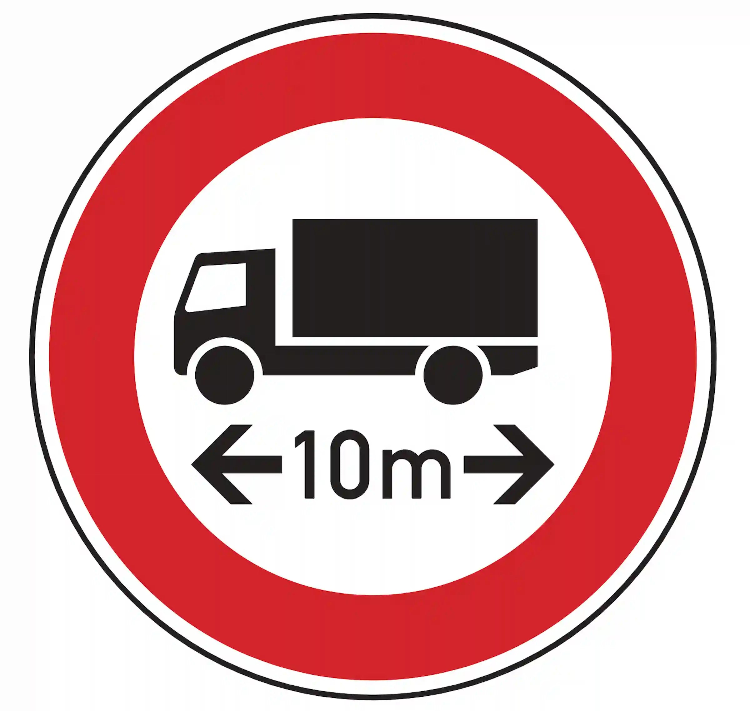 Verkehrszeichen 265*: Rundschild, Zahl +m mit Quer­pfeilen – Fahrzeuge länger als angegebene Meter verboten.