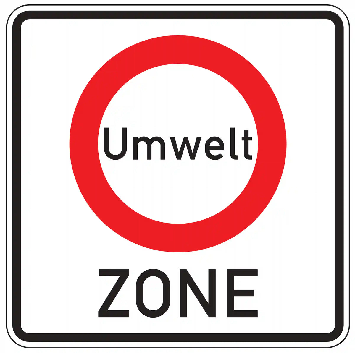 Verkehrszeichen 270.1: weißes Quadrat mit rotem Kreis und Schriftzug ‚Zone‘ – Beginn Umwelt­zone (KFZ-Verbot).