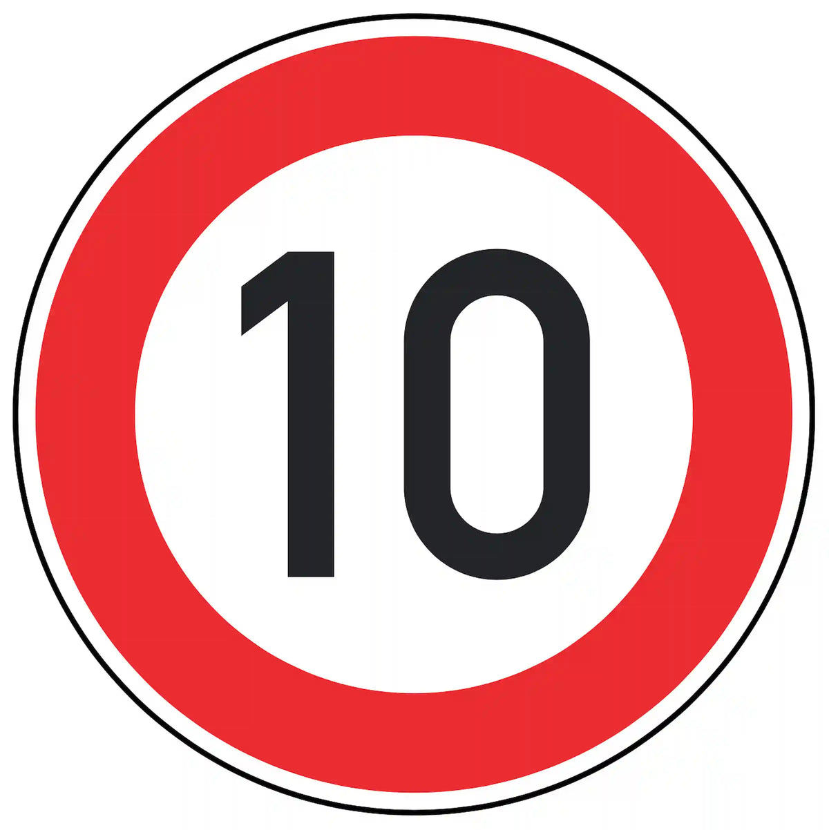 Verkehrszeichen 274-10: weißes Rundschild mit Ziffer 10 – zulässige Höchst­geschwindigkeit 10 km/h.
