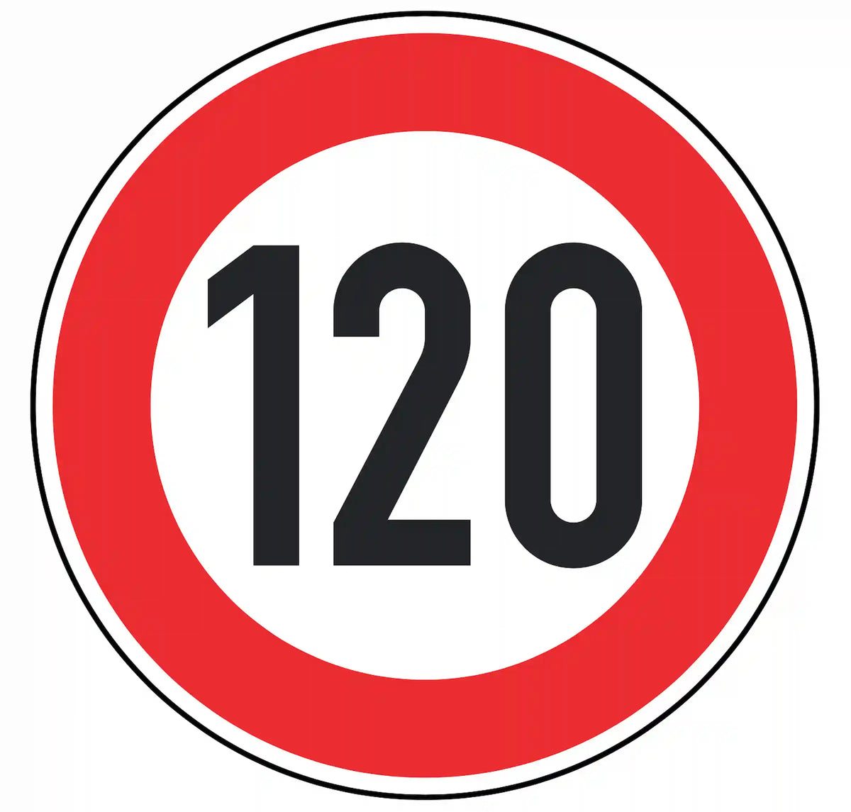 Verkehrszeichen 274-120: weißes Rundschild mit Ziffer 120 – zulässige Höchst­geschwindigkeit 120 km/h.