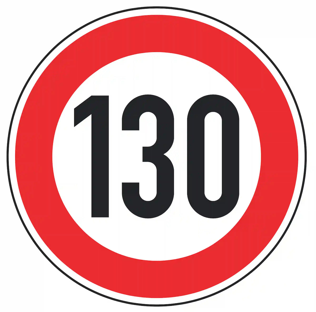 Verkehrszeichen 274-130: weißes Rundschild mit Ziffer 130 – zulässige Höchst­geschwindigkeit 130 km/h.