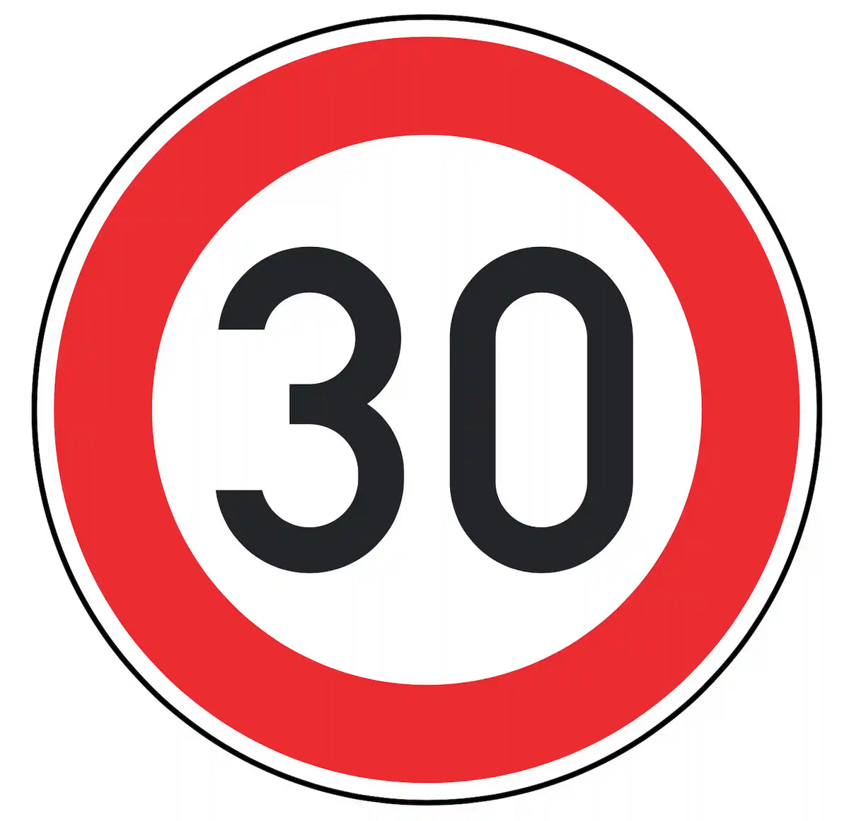 Verkehrszeichen 274-30: weißes Rundschild mit Ziffer 30 – zulässige Höchst­geschwindigkeit 30 km/h.