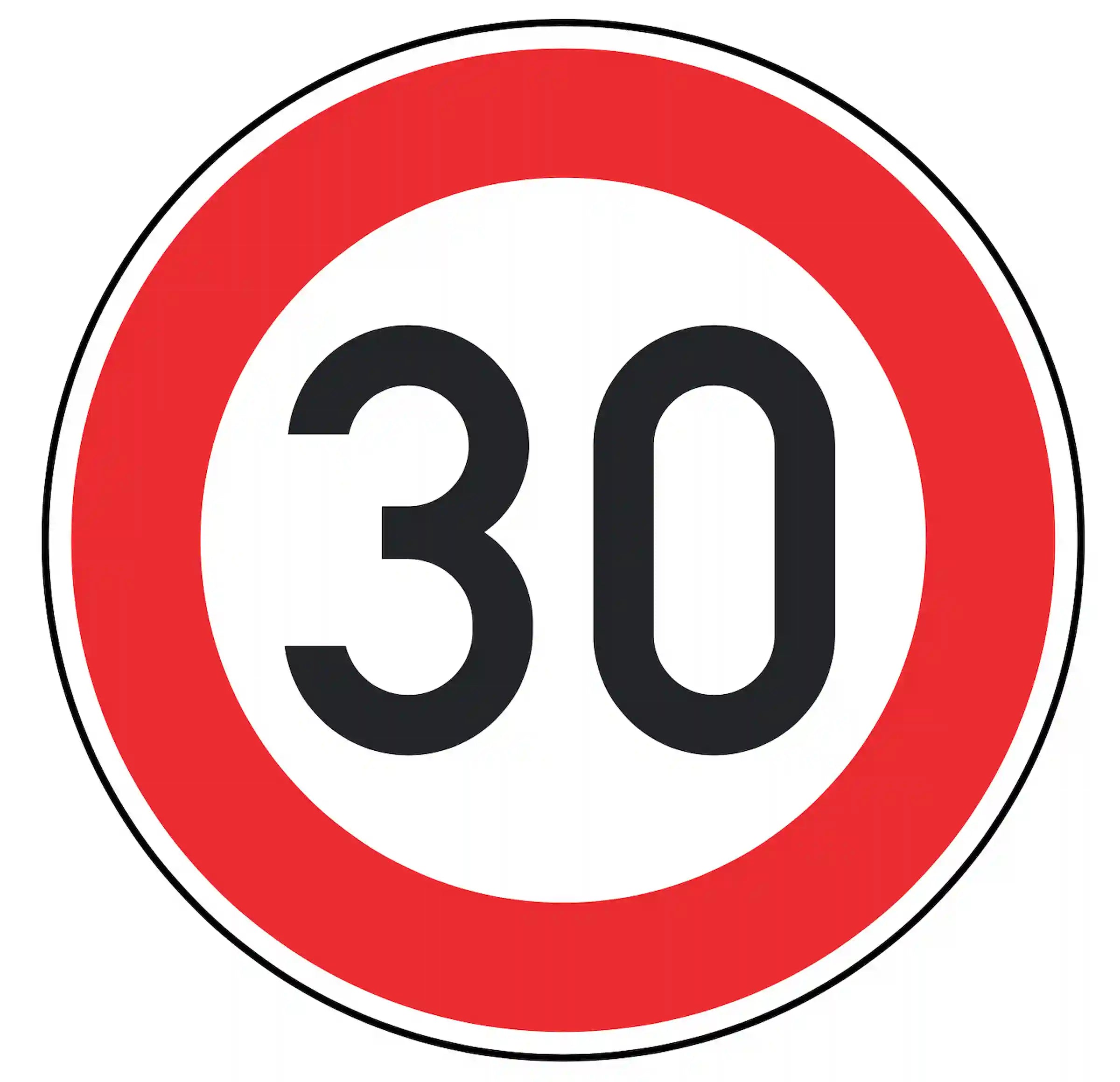 Verkehrszeichen 274-30: weißes Rundschild mit Ziffer 30 – zulässige Höchst­geschwindigkeit 30 km/h.