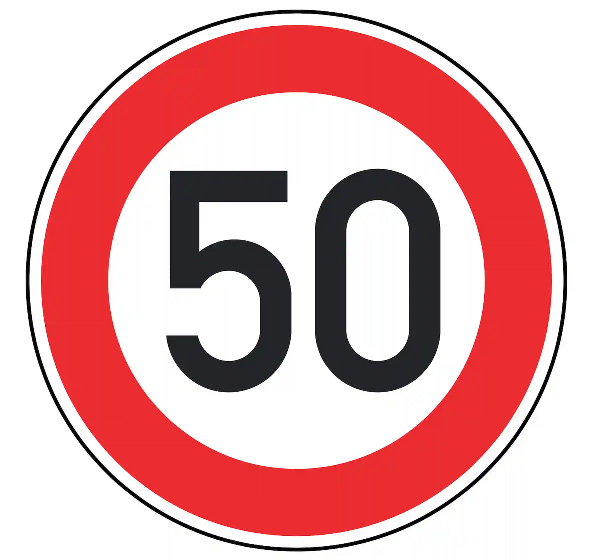 Verkehrszeichen 274-50: weißes Rundschild mit Ziffer 50 – zulässige Höchst­geschwindigkeit 50 km/h.
