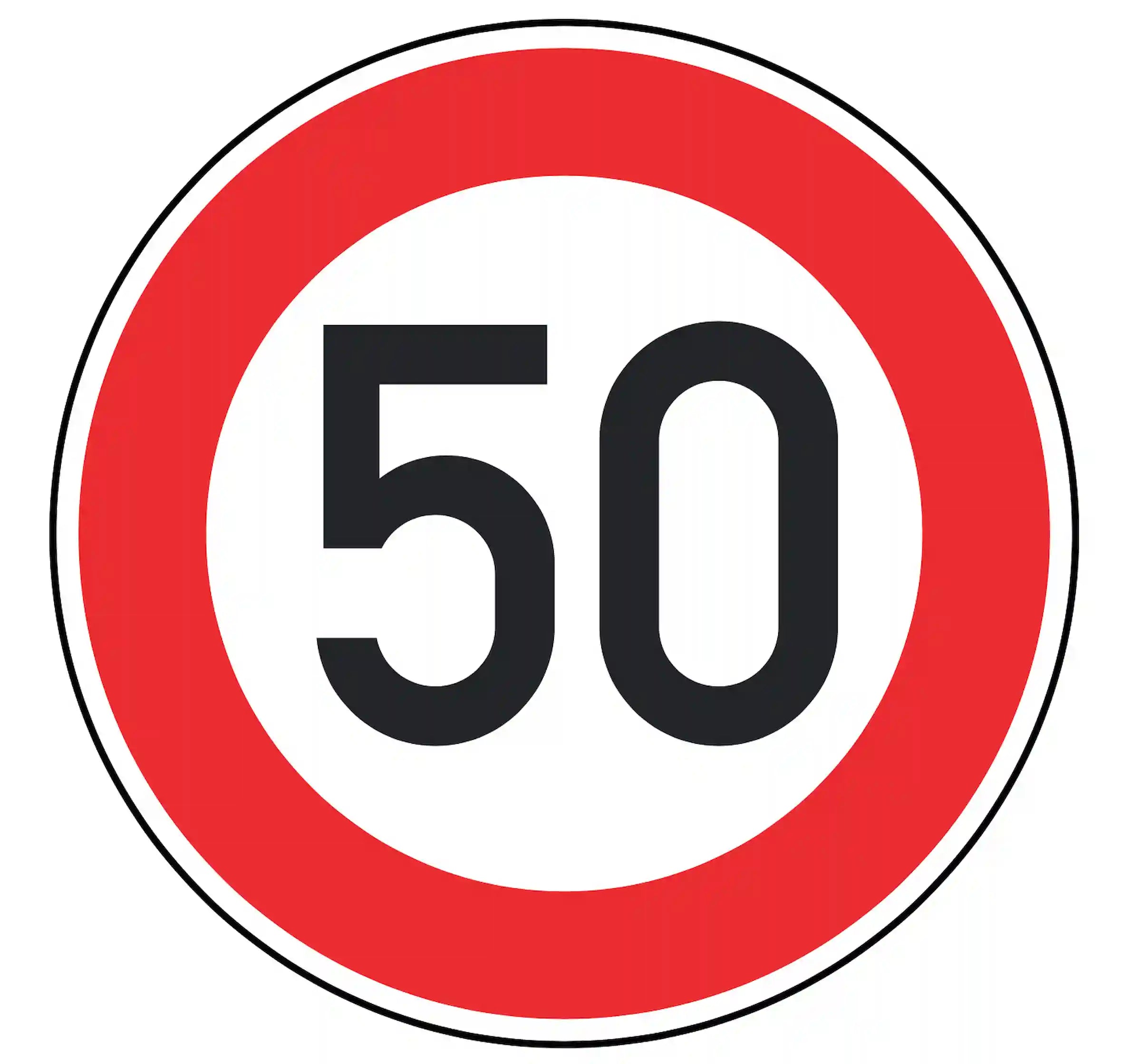 Verkehrszeichen 274-50: weißes Rundschild mit Ziffer 50 – zulässige Höchst­geschwindigkeit 50 km/h.