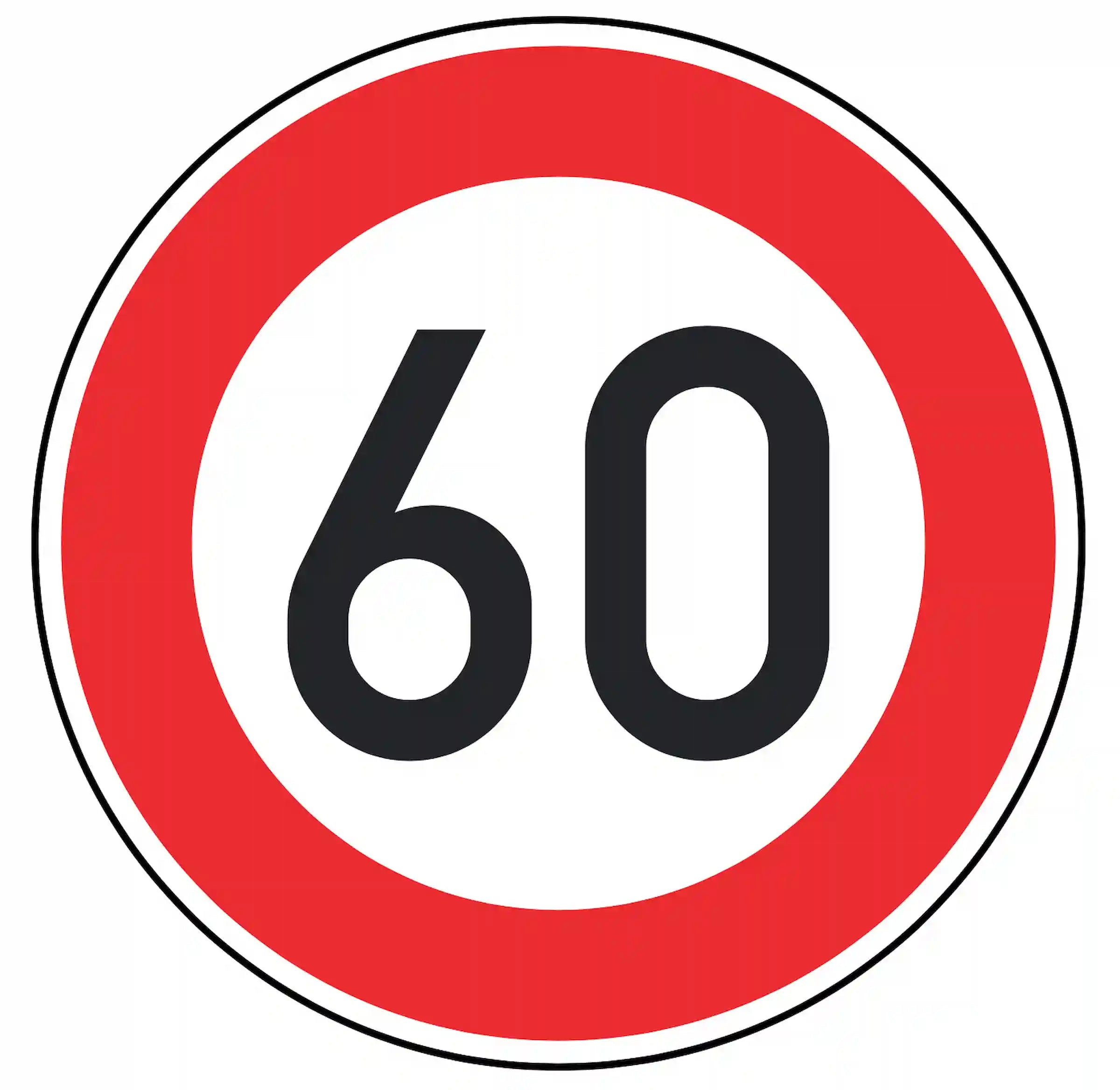 Verkehrszeichen 274-60: weißes Rundschild mit Ziffer 60 – zulässige Höchst­geschwindigkeit 60 km/h.