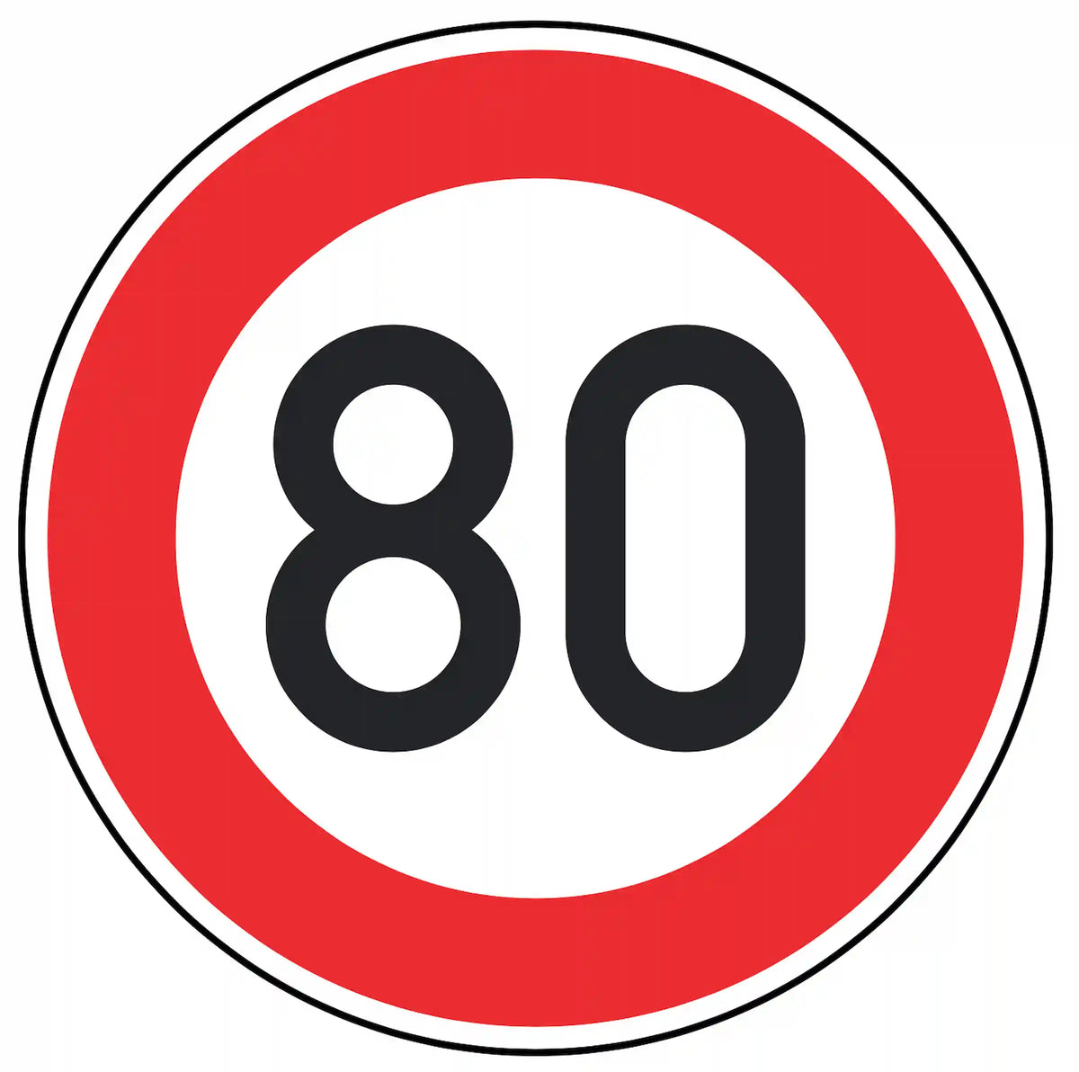 Verkehrszeichen 274-80: weißes Rundschild mit Ziffer 80 – zulässige Höchst­­geschwindigkeit 80 km/h.